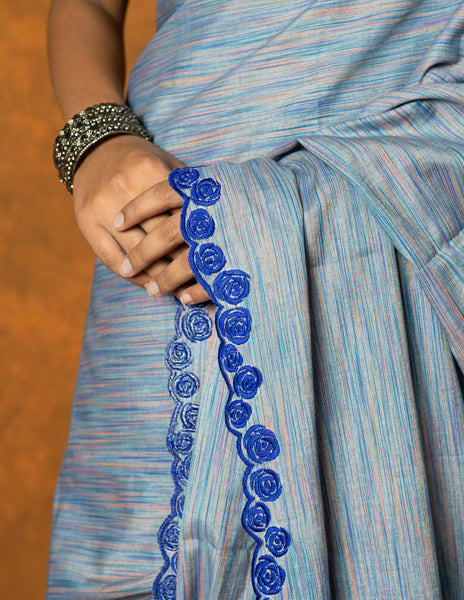 Blue Cotton Linen embroidered saree with tassels image 3