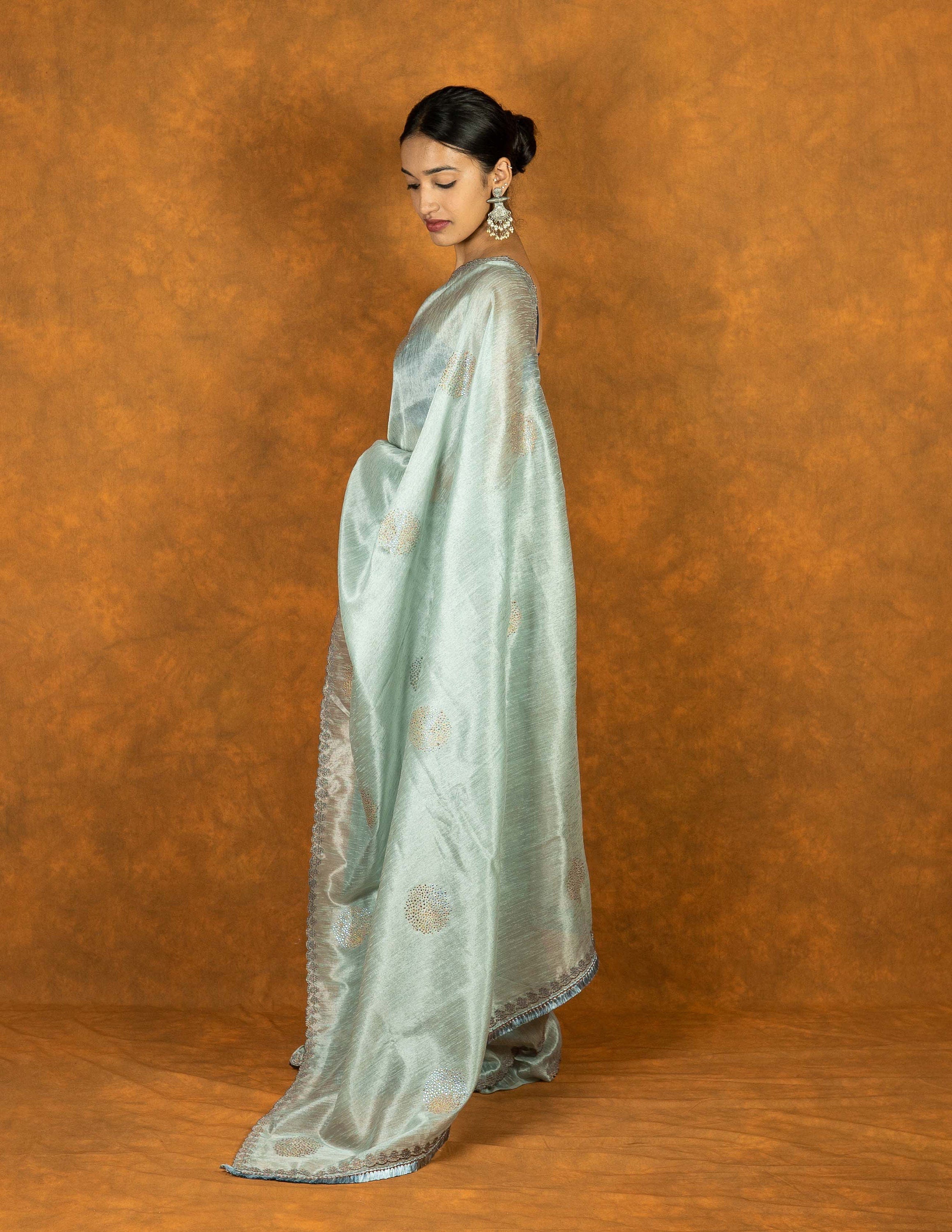 Hancock green gray Linen silk blend embroidered saree