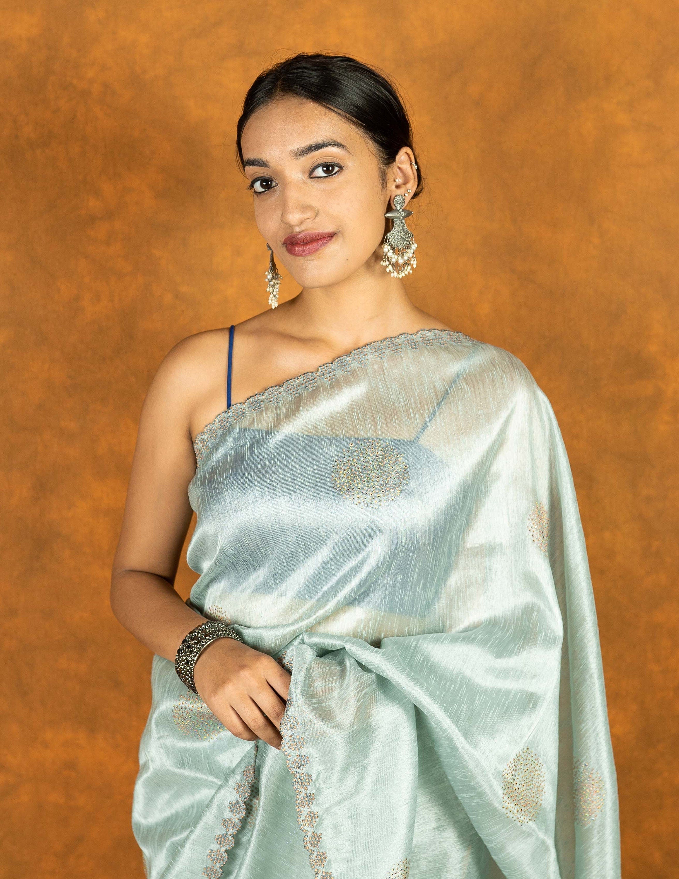 Hancock green gray Linen silk blend embroidered saree