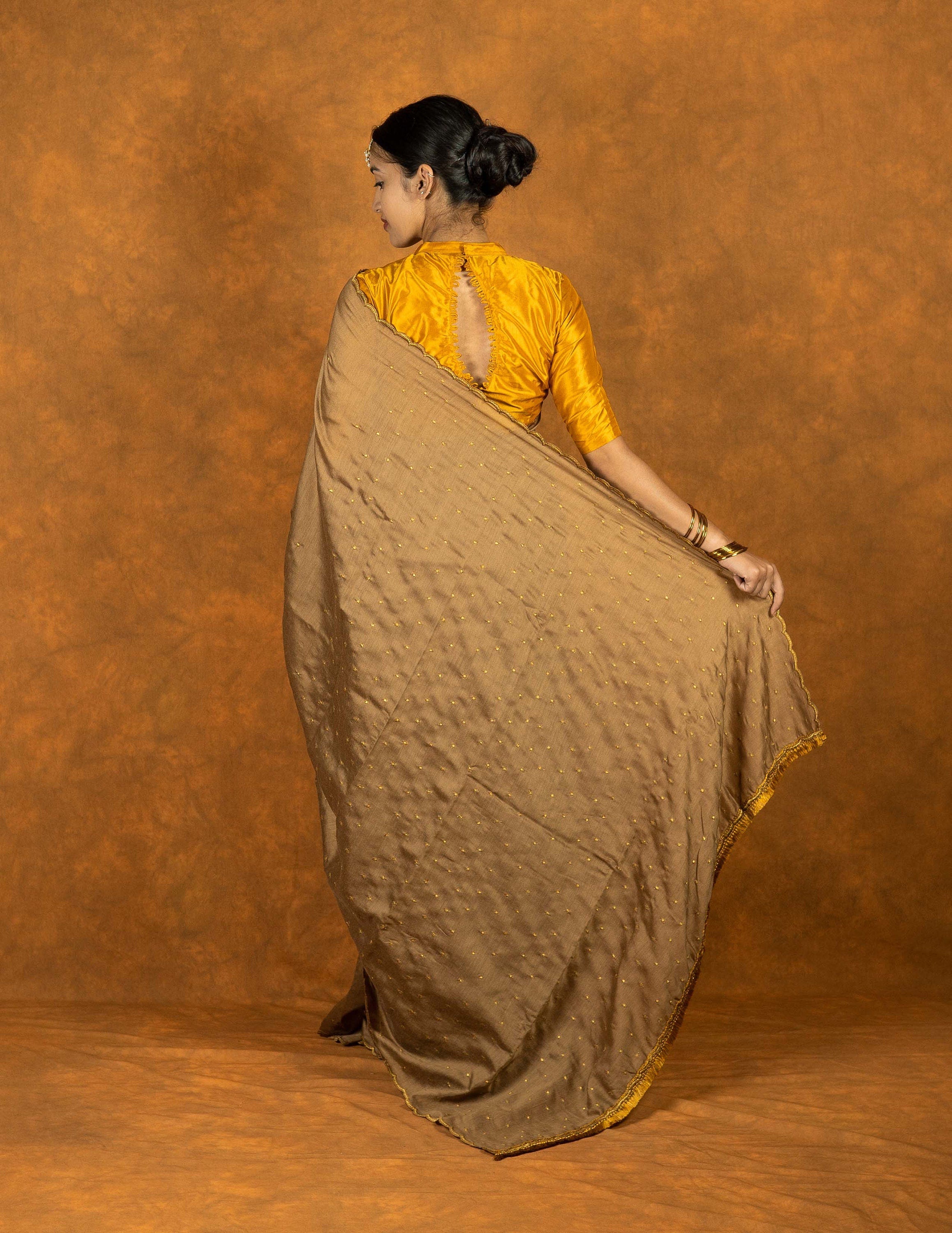 Cinnamon brown silk blend embroidered saree