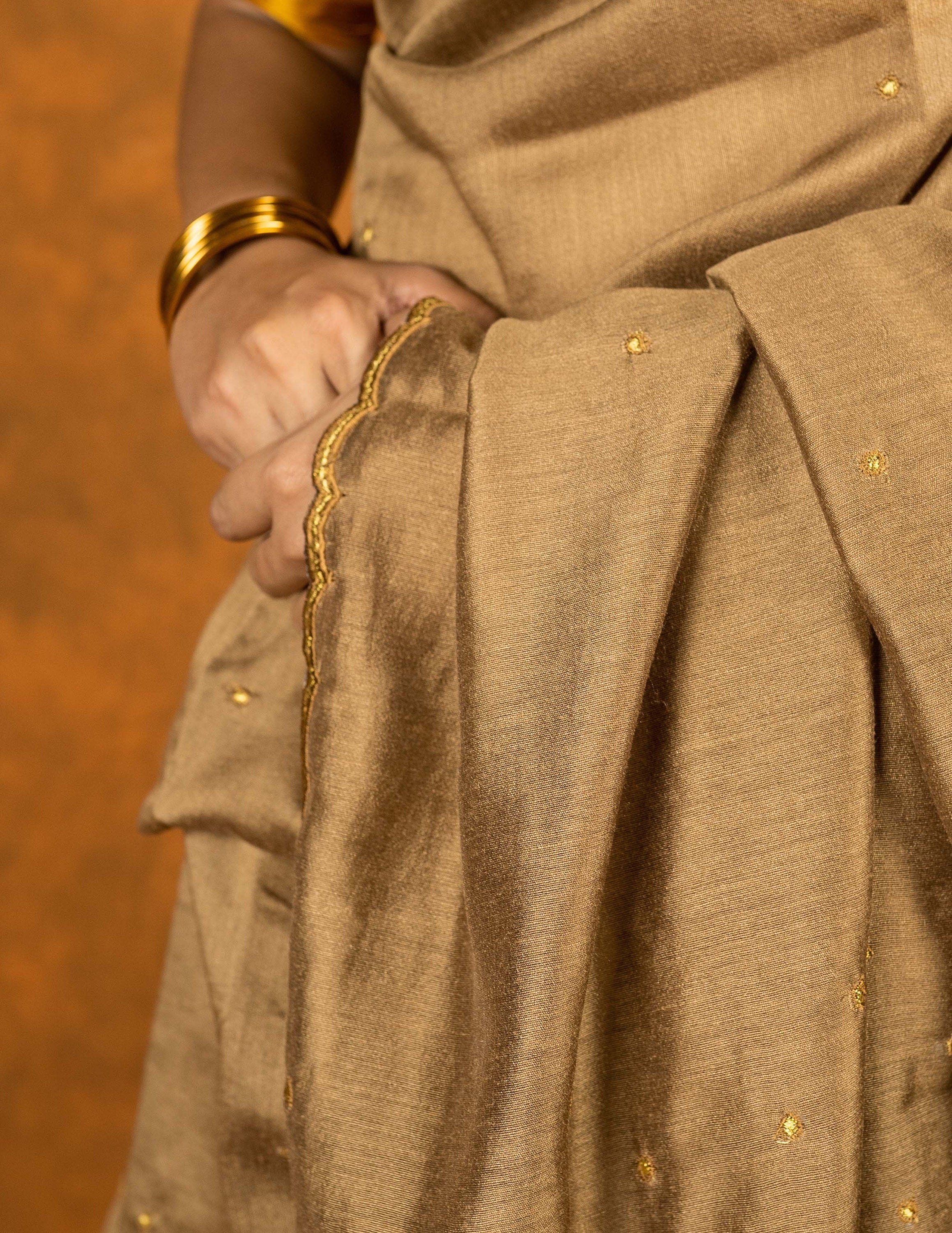 Cinnamon brown silk blend embroidered saree