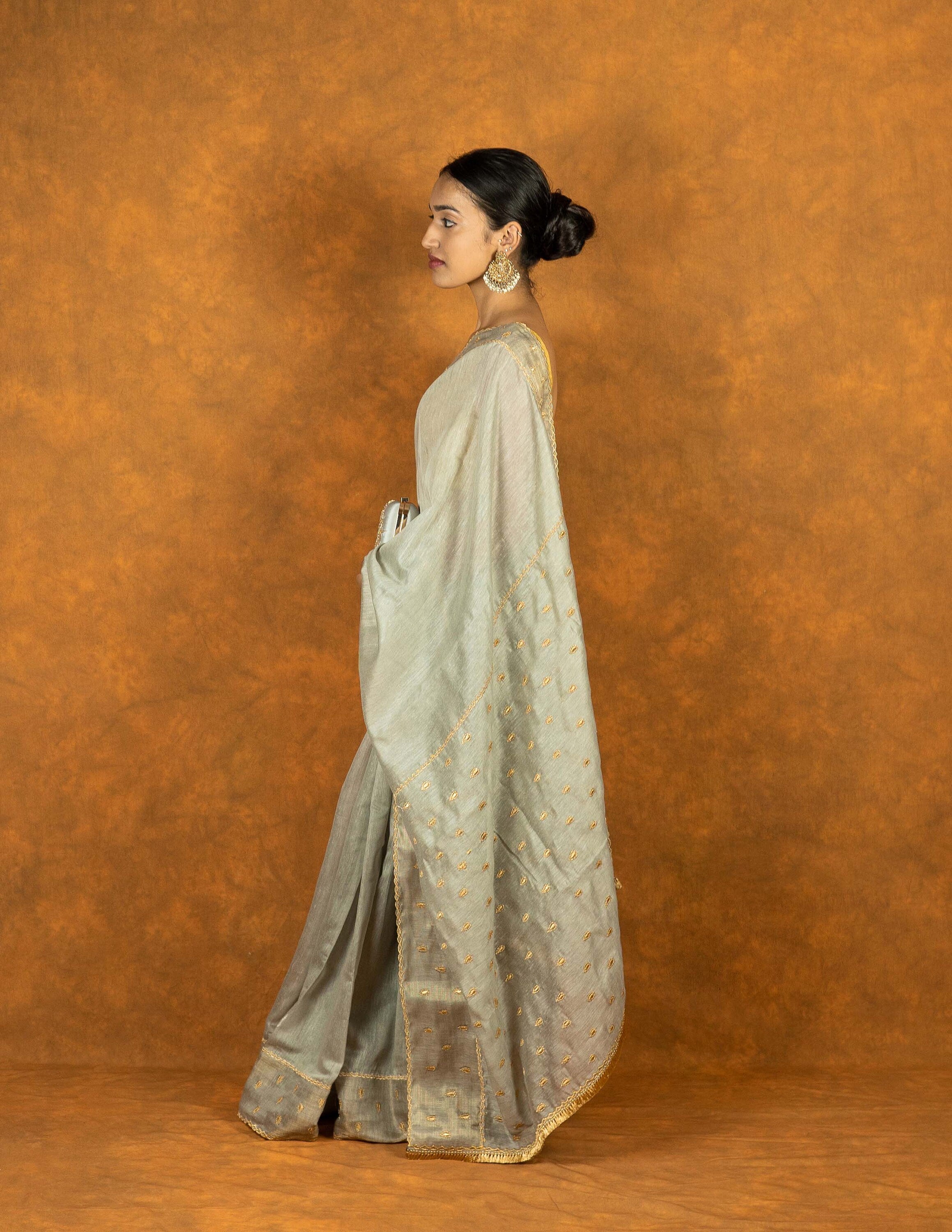 Hancock green/gray linen with gold zari embroidered saree