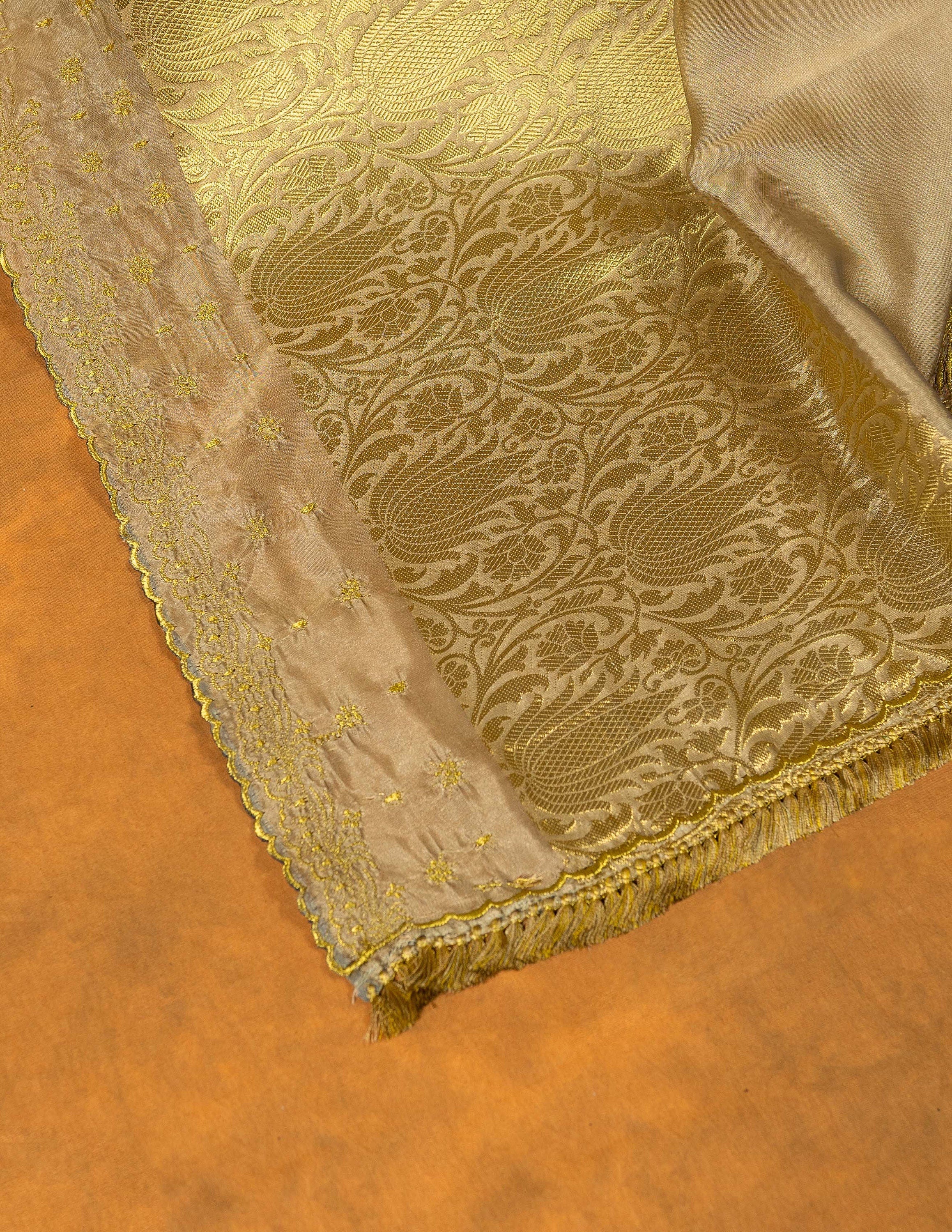 Gold and beige silk embroidered saree scallop and gold tassels