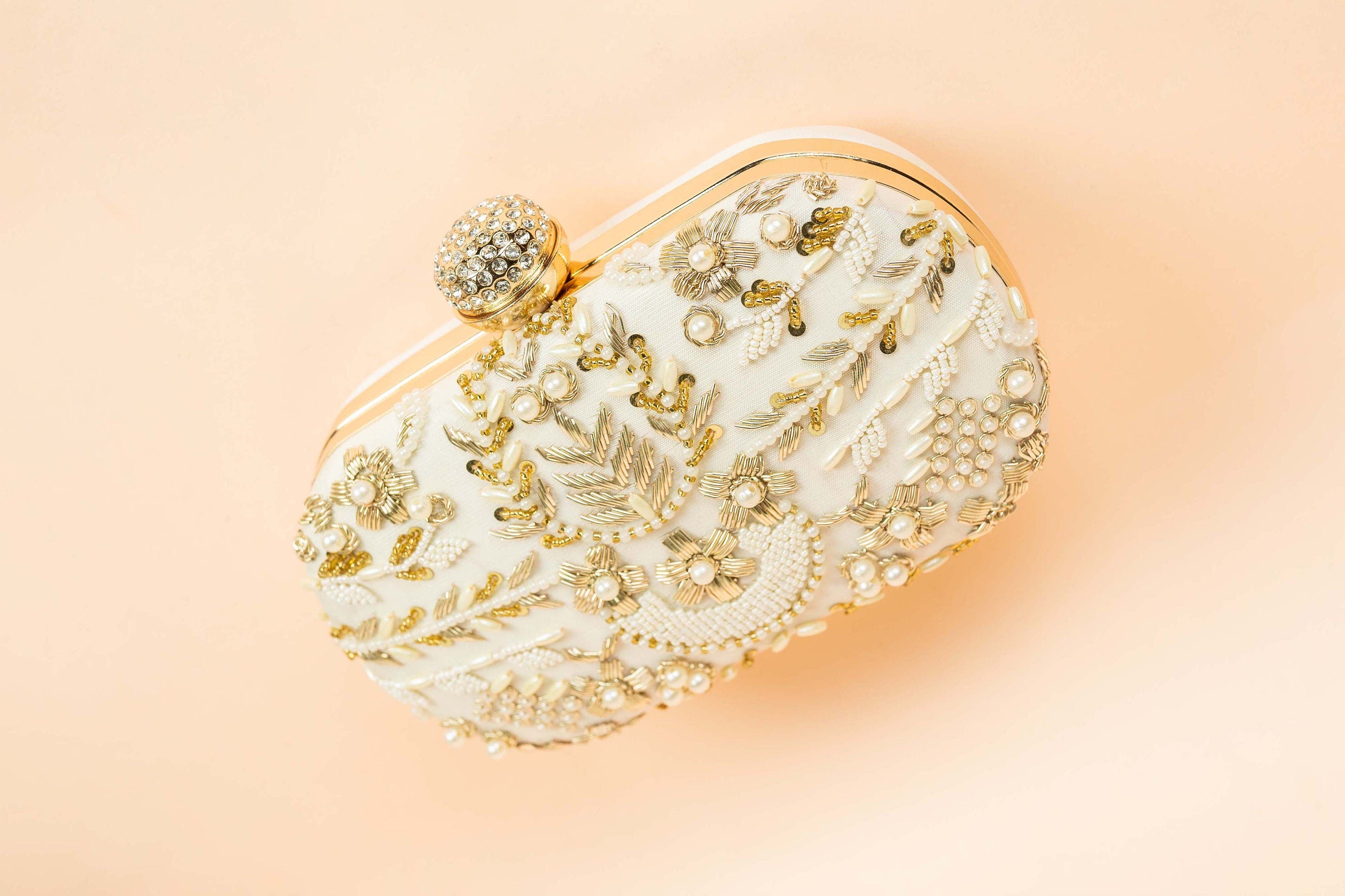Pearl hand made bead embroidery clutch bag detachable sling