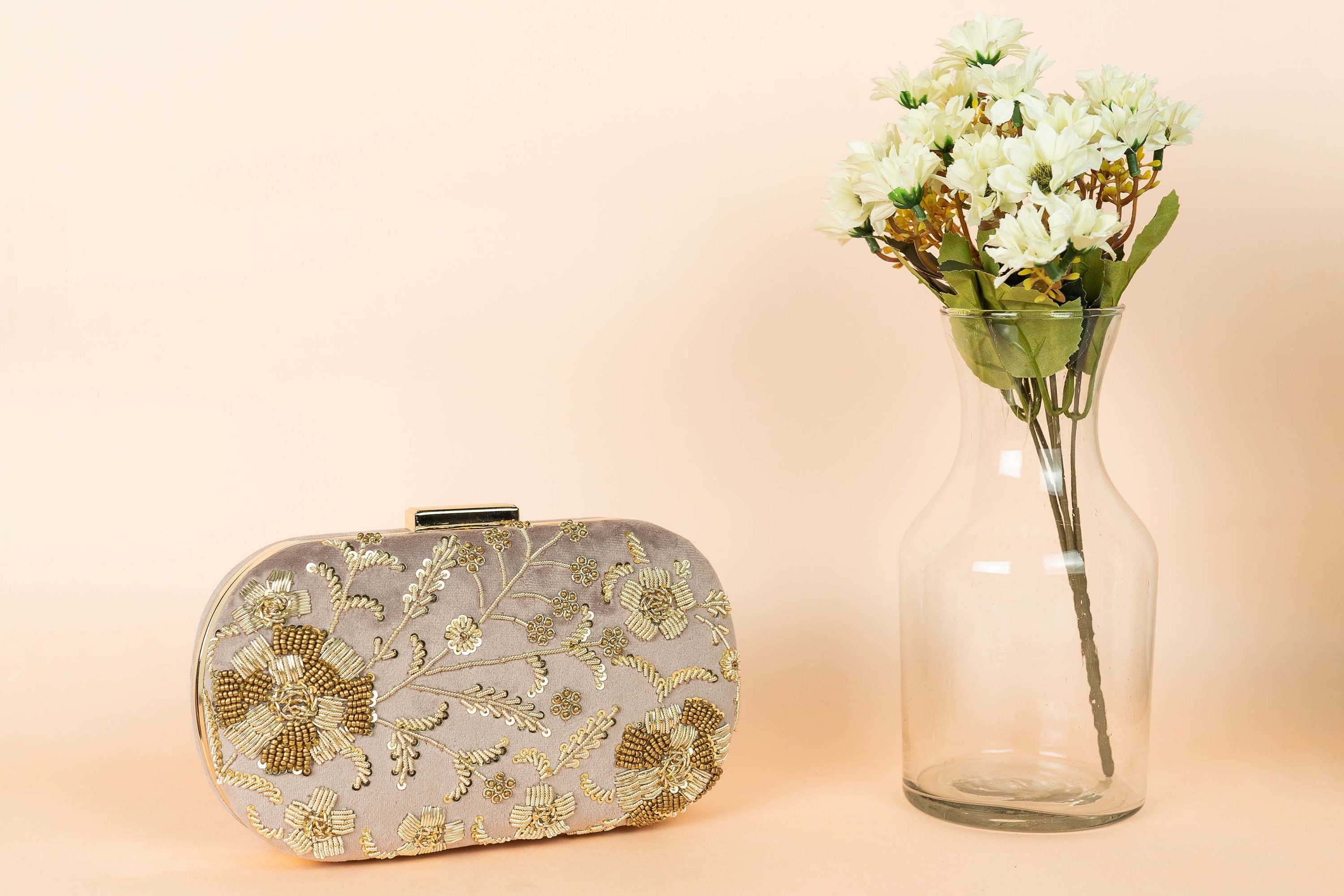 Pink champagne hand made bead embroidery clutch bag detachable sling