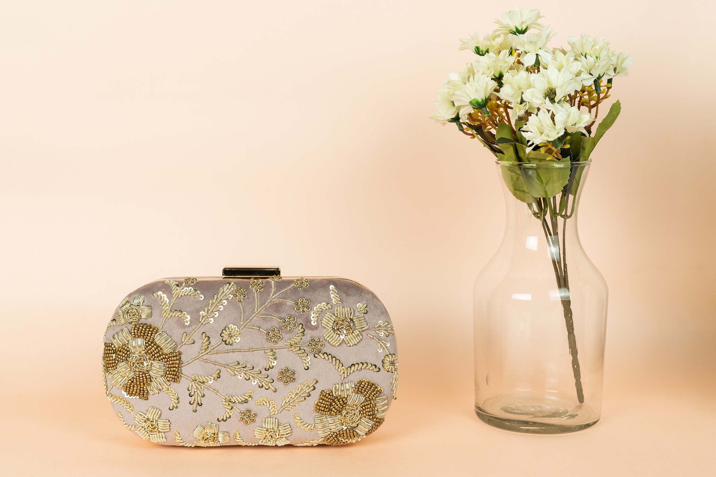 Pink champagne hand made bead embroidery clutch bag detachable sling