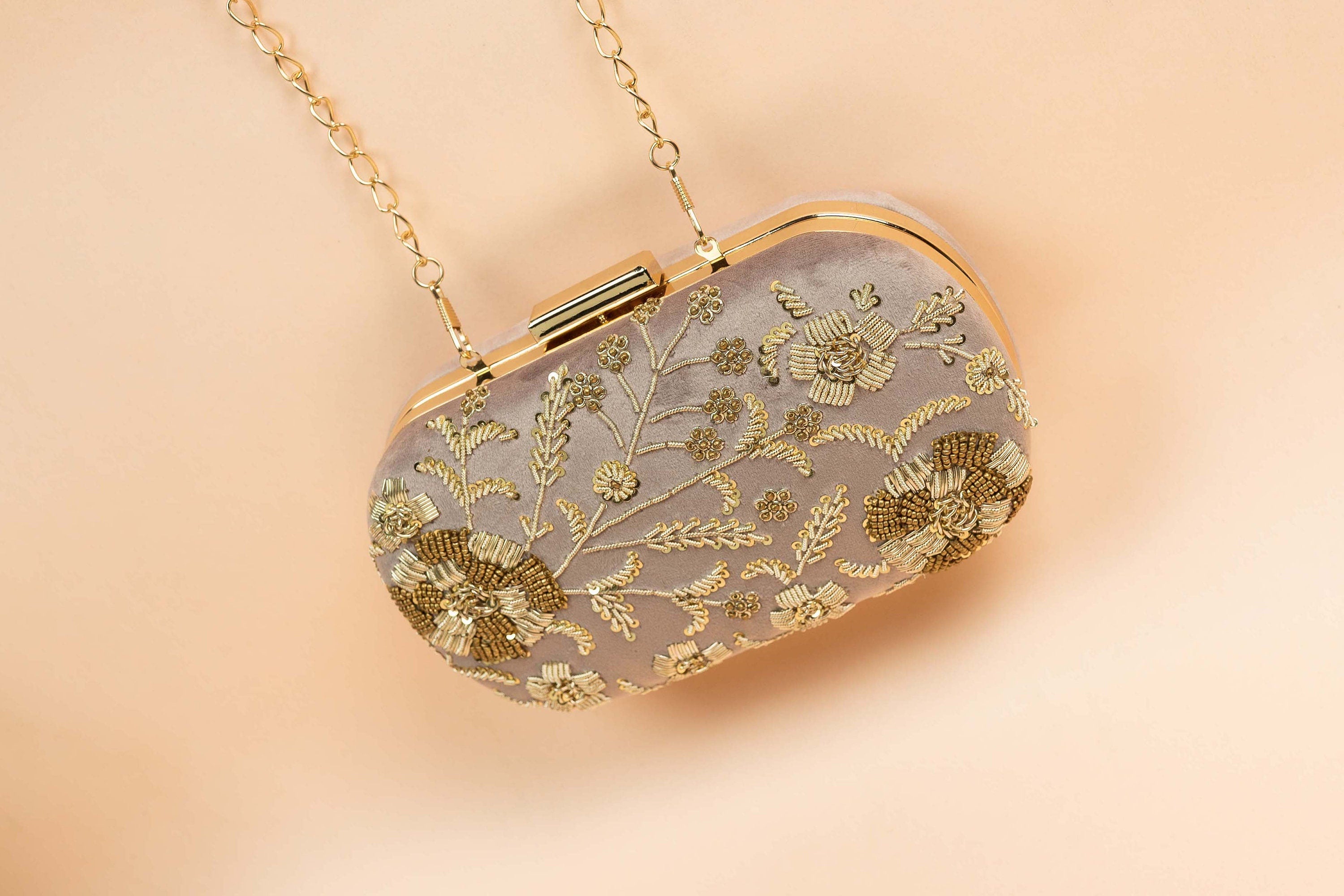 Champagne hand made bead embroidery clutch bag detachable sling