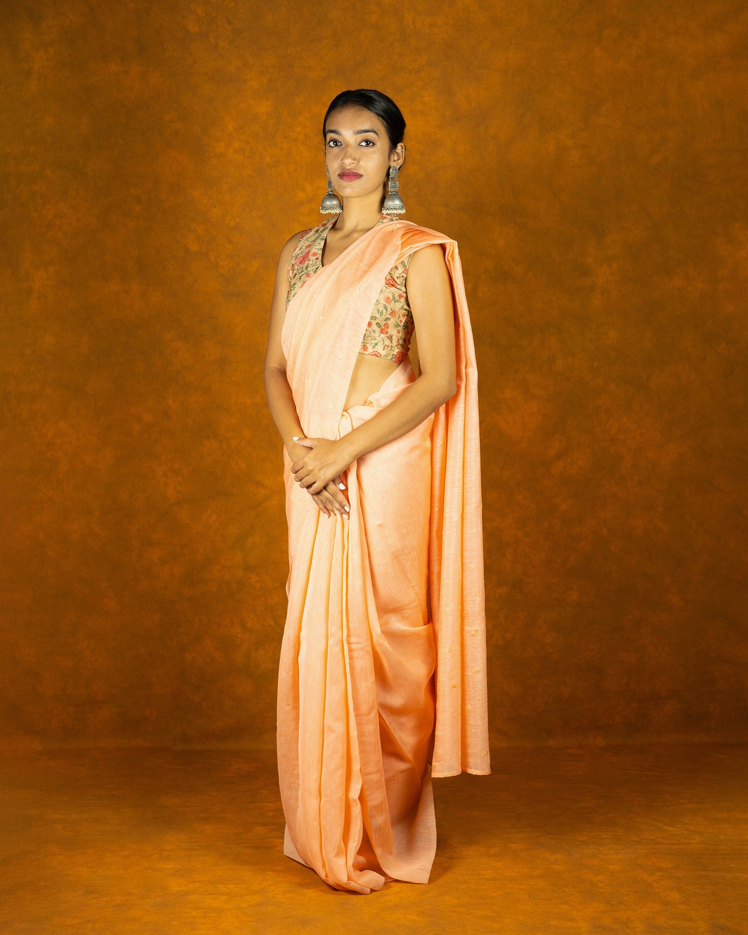 Light Orange cotton embroidery moti saree