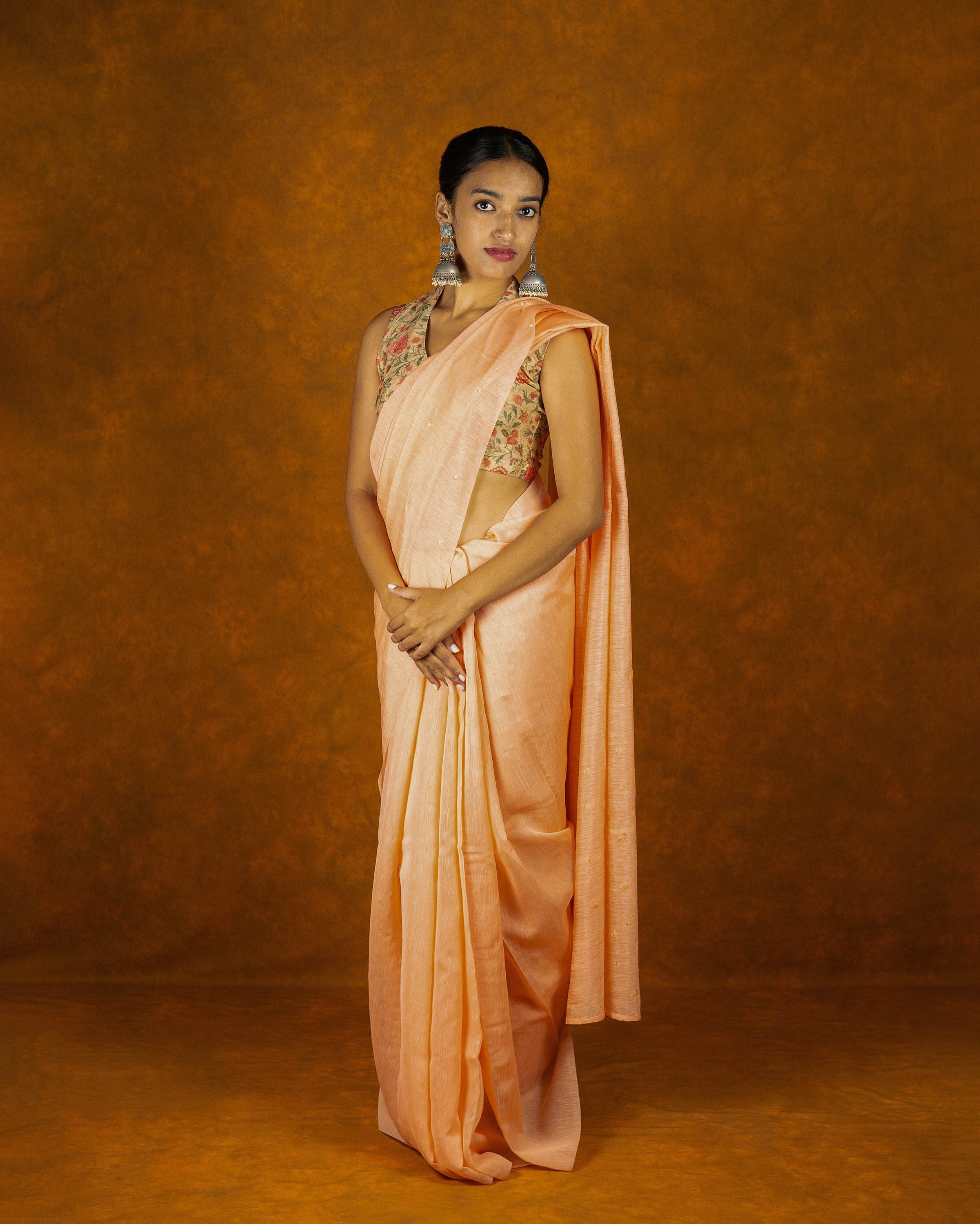 Light Orange cotton embroidery moti saree