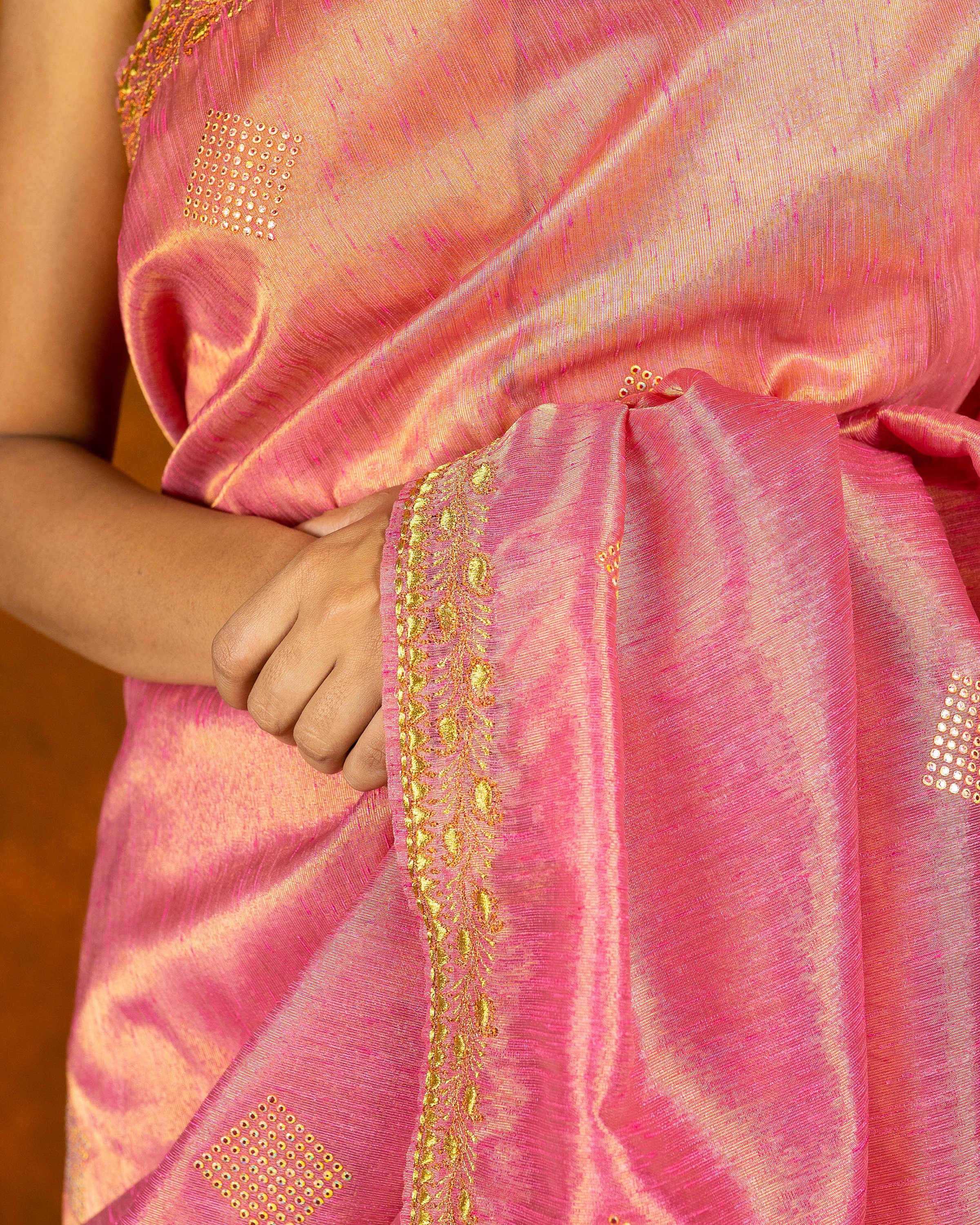 Pink silk blend gold embroidery saree with gold border