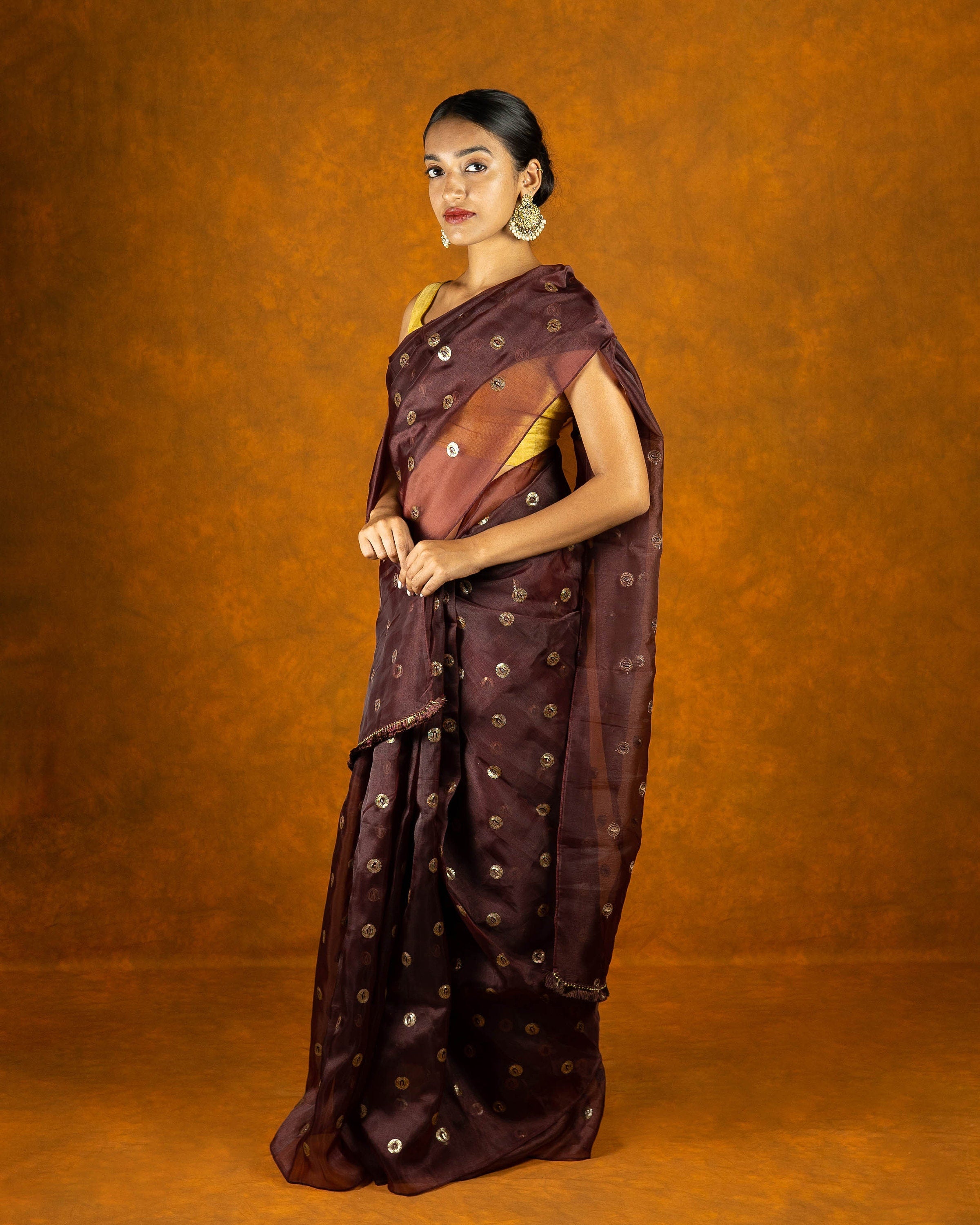 Grape Organza blend embroidery saree with gold work border and tassels