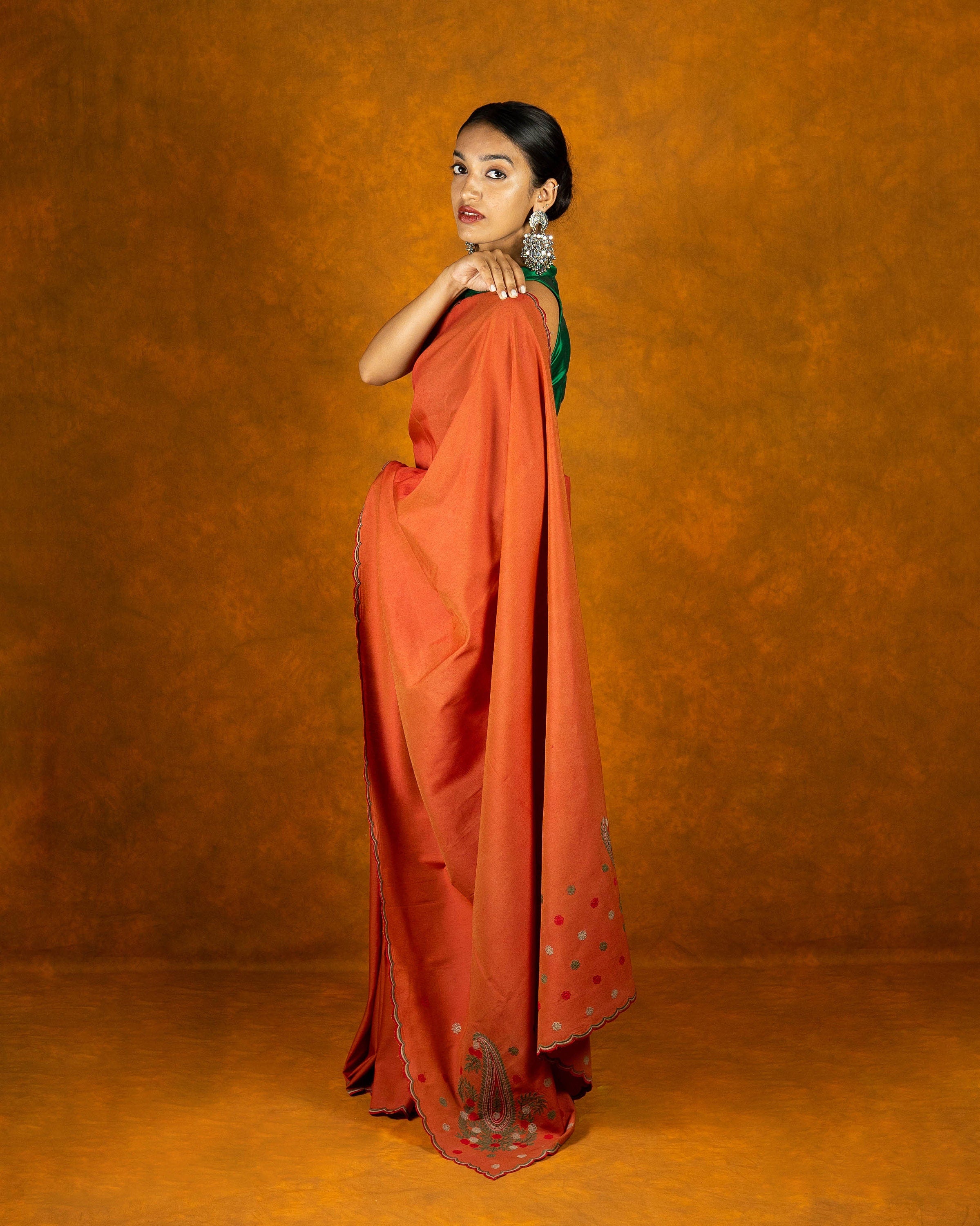 Burnt Orange cotton embroidery saree with scallop