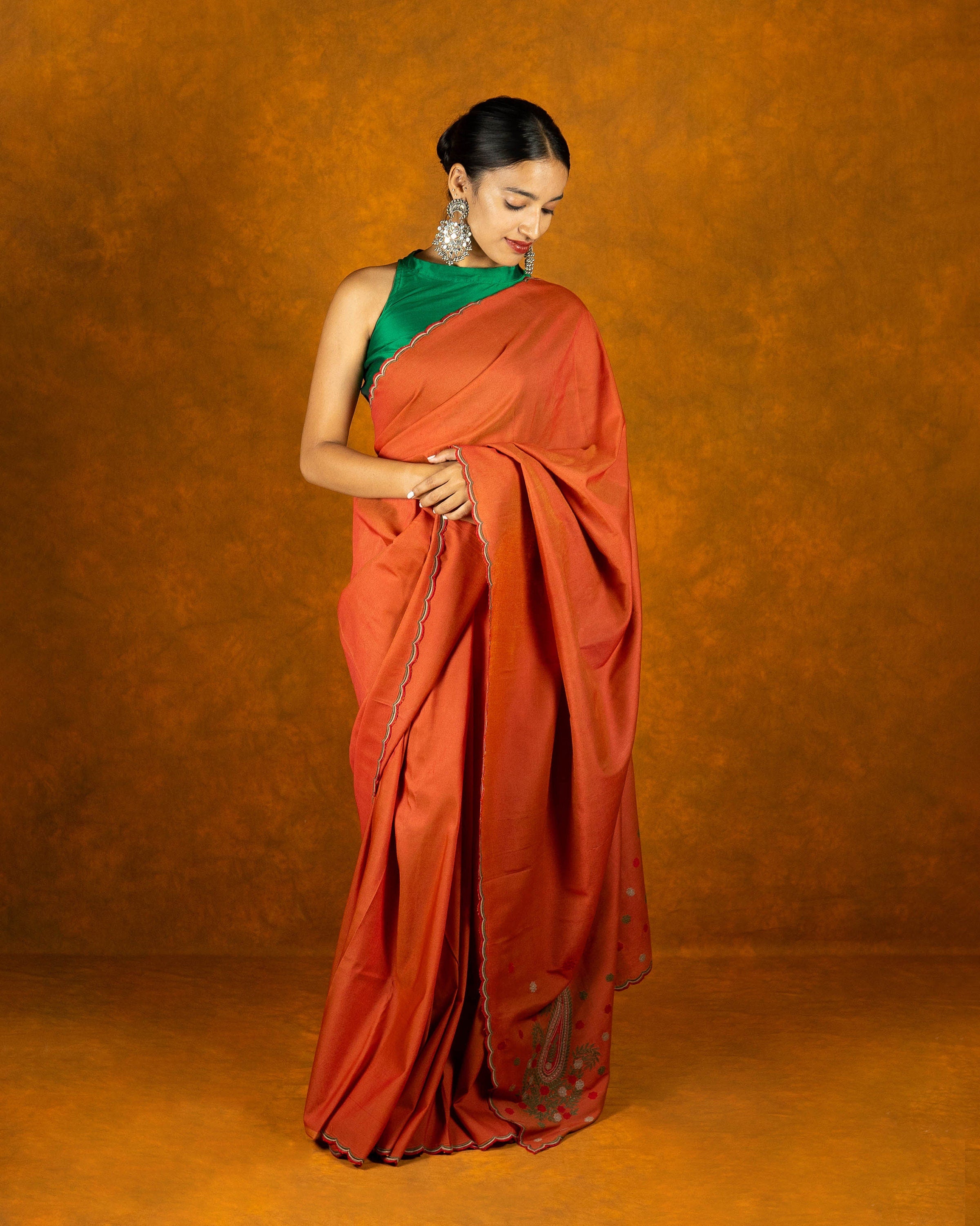Burnt Orange cotton embroidery saree with scallop