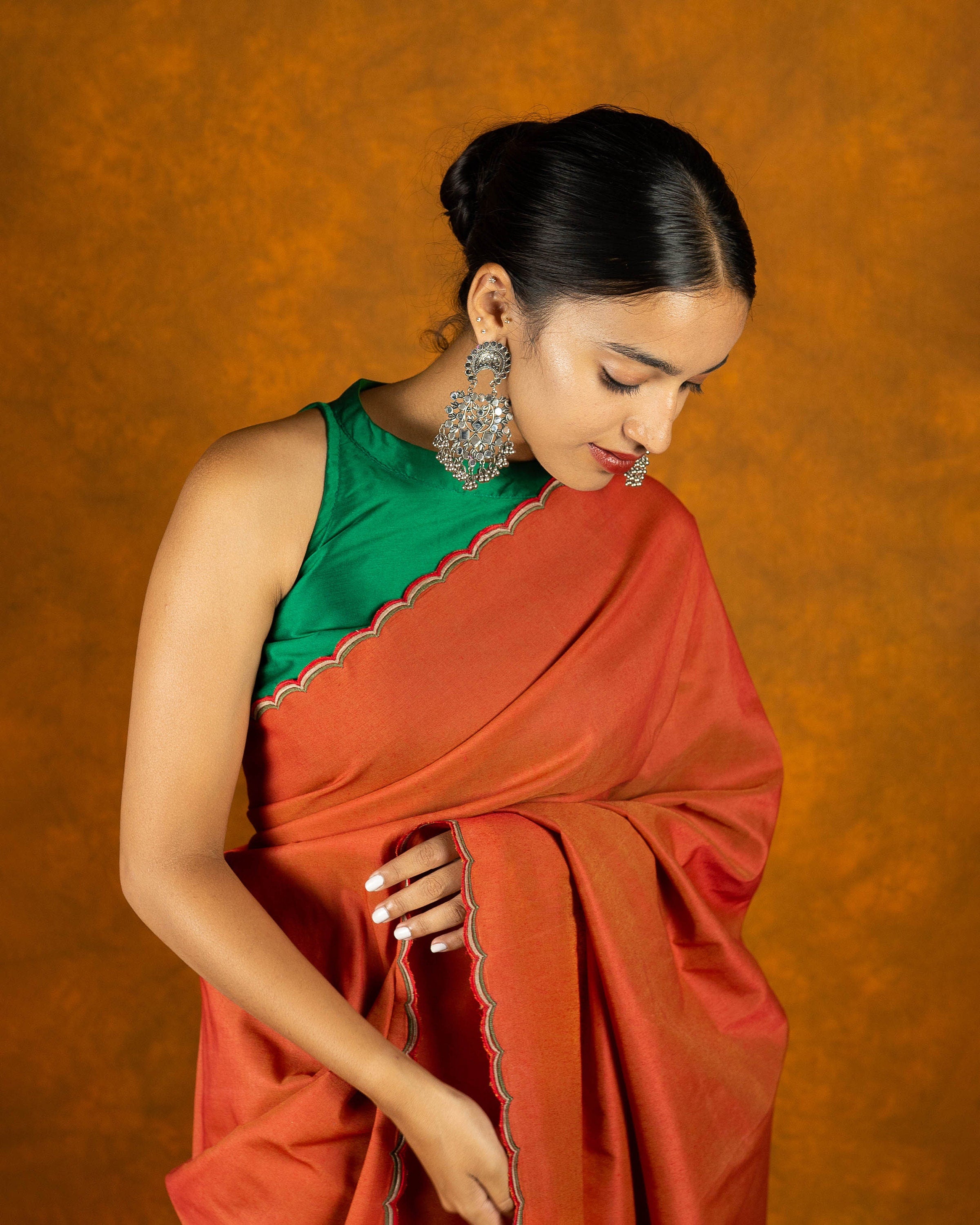 Burnt Orange cotton embroidery saree with scallop
