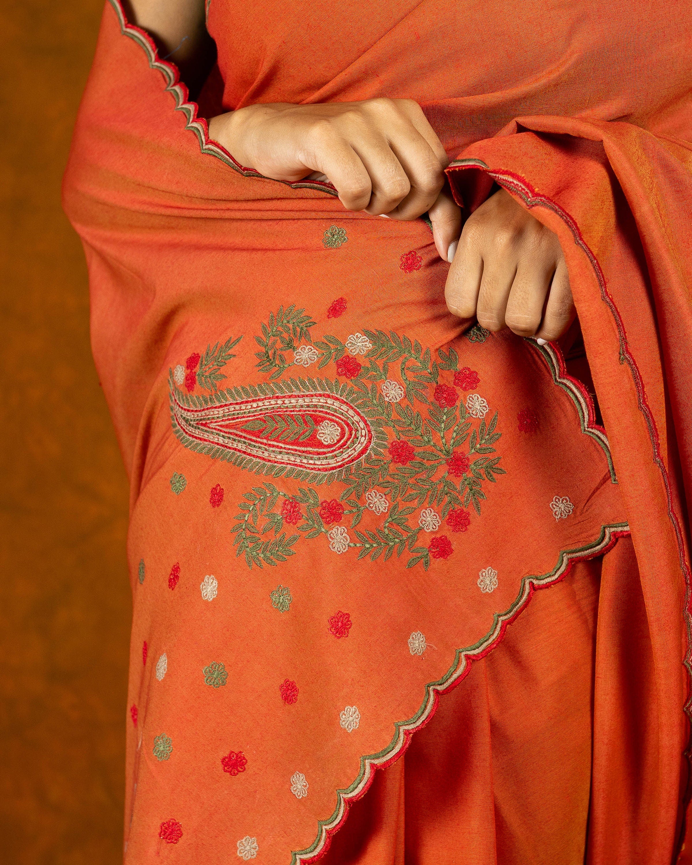 Burnt Orange cotton embroidery saree with scallop