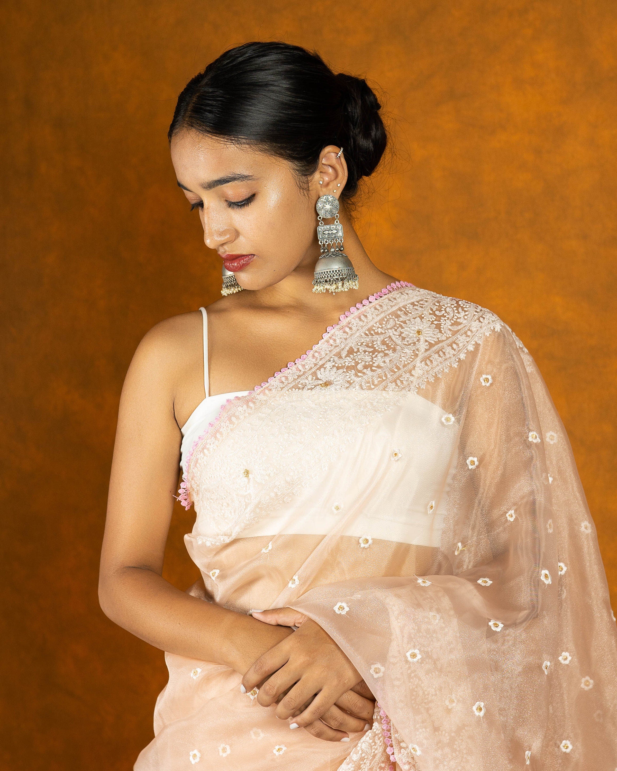 Pink organza embroidery saree