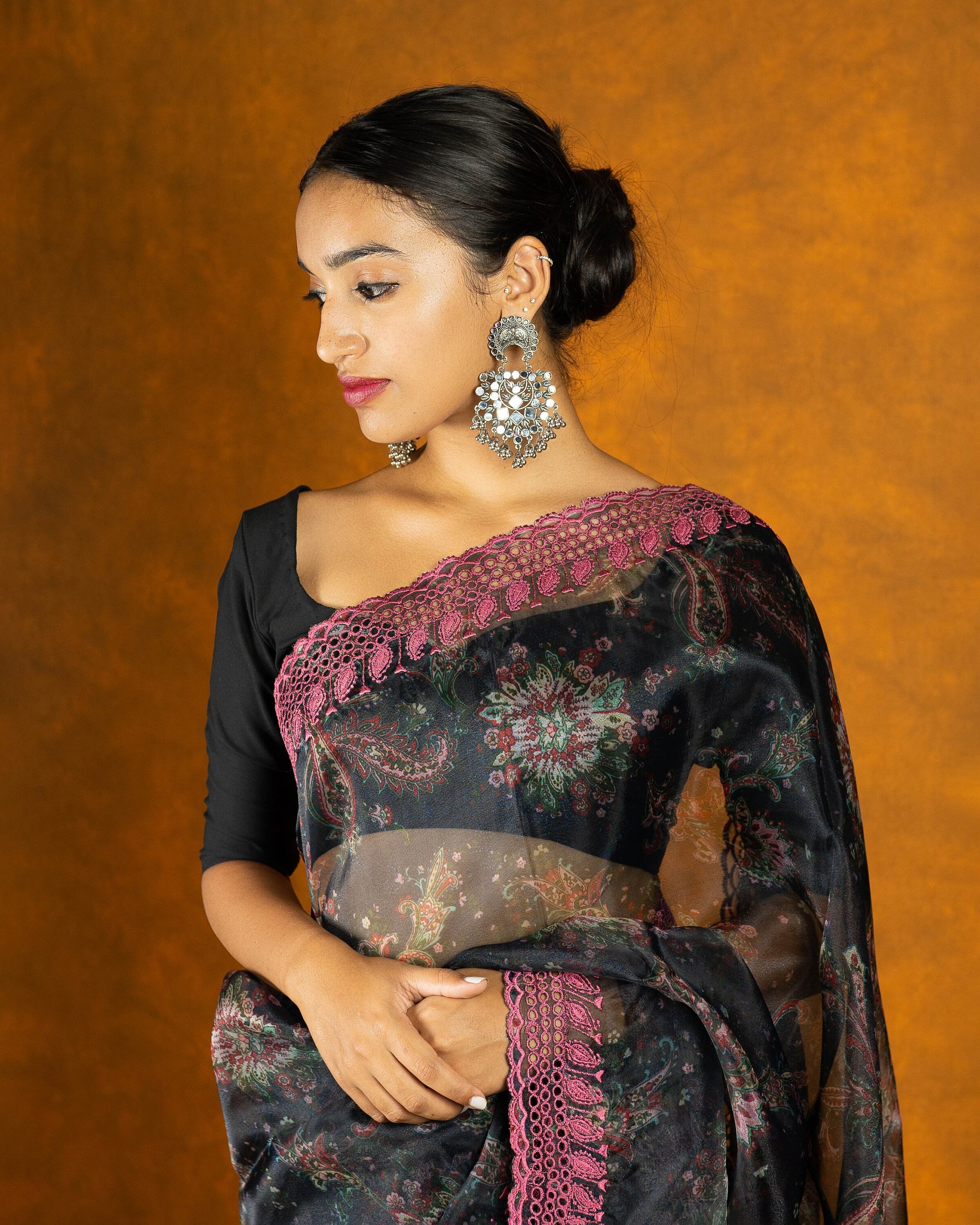 Black and pink floral organza saree