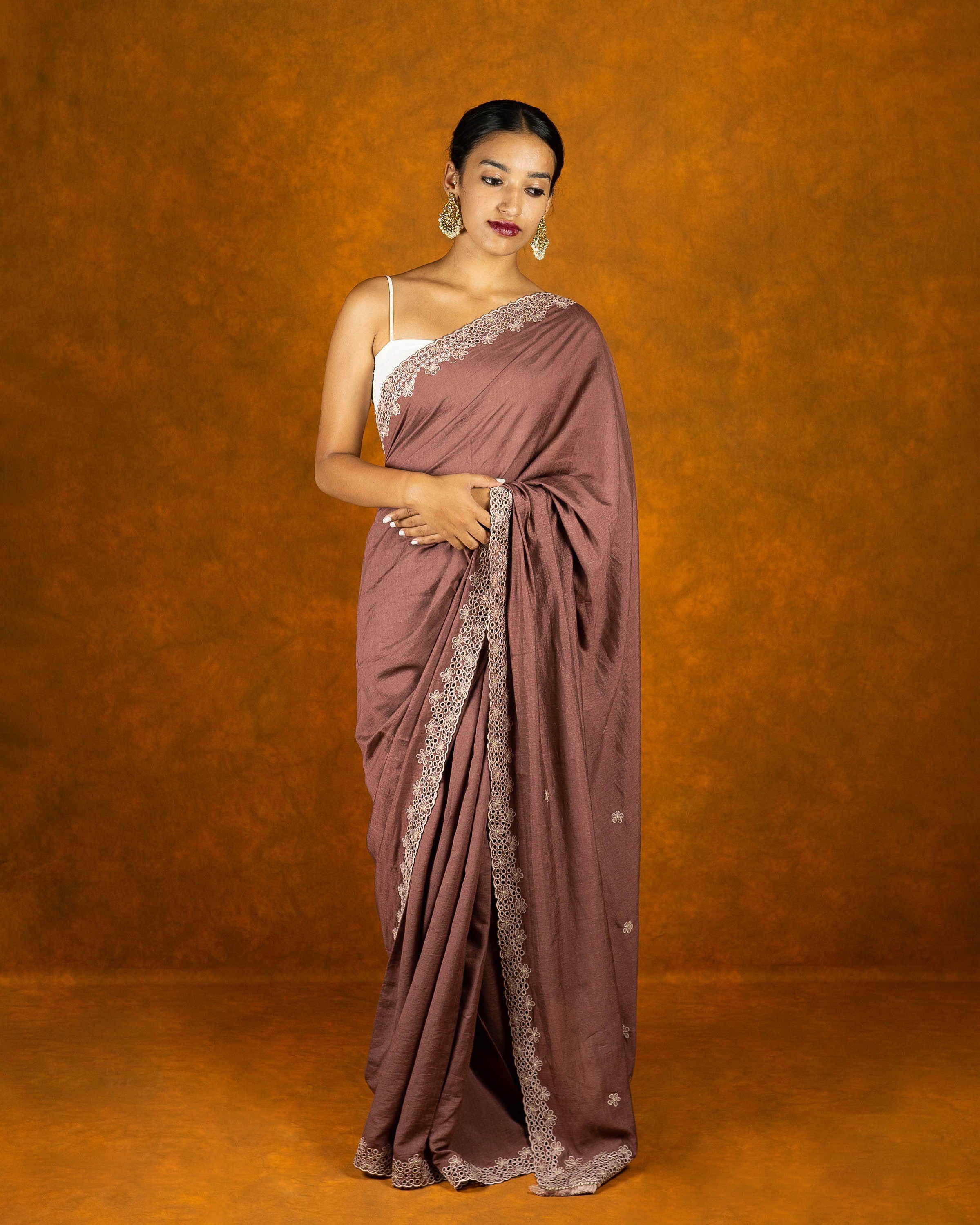 Mauve silk blend saree with silk thread cutwork embroidery