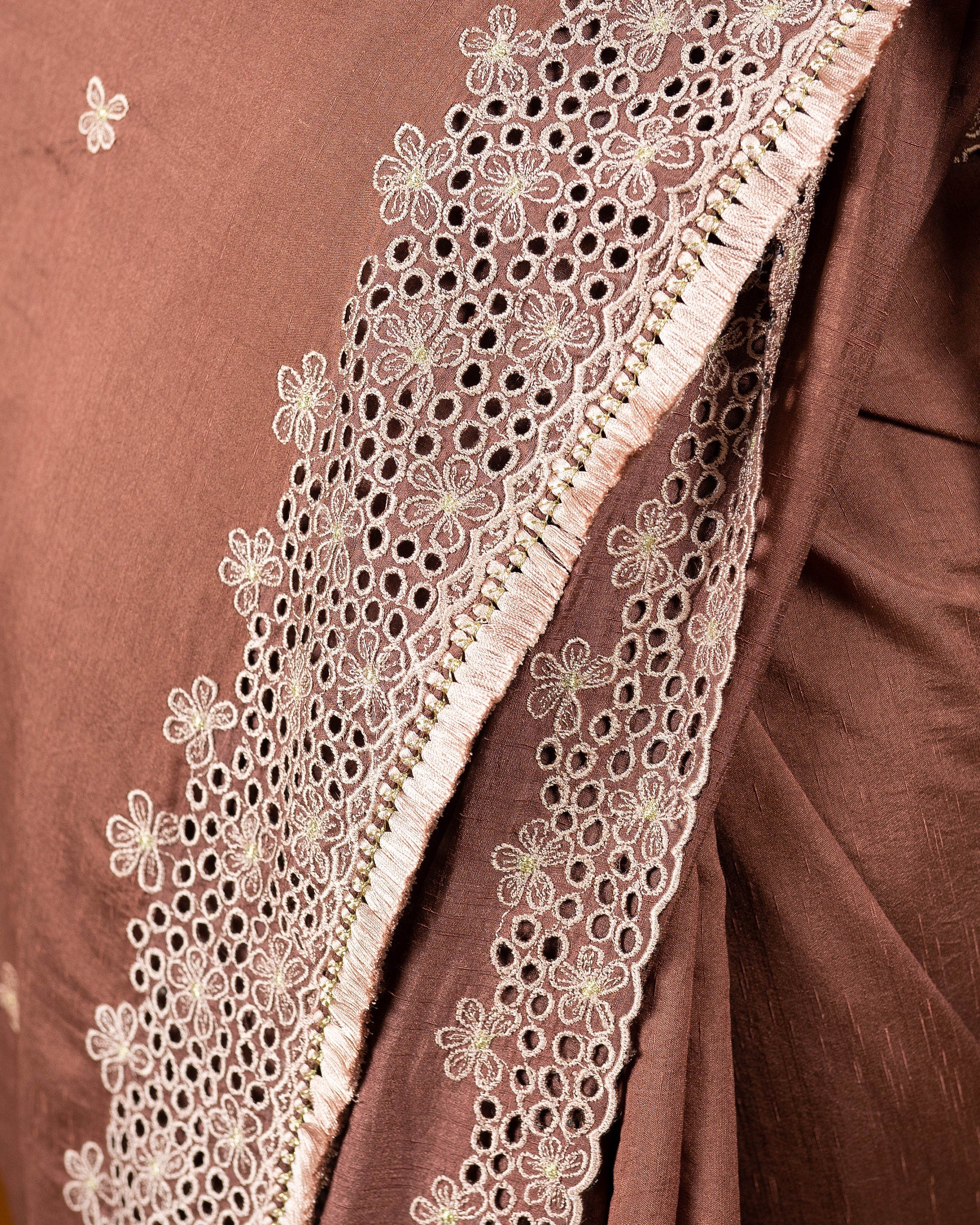 Mauve silk blend saree with silk thread cutwork embroidery