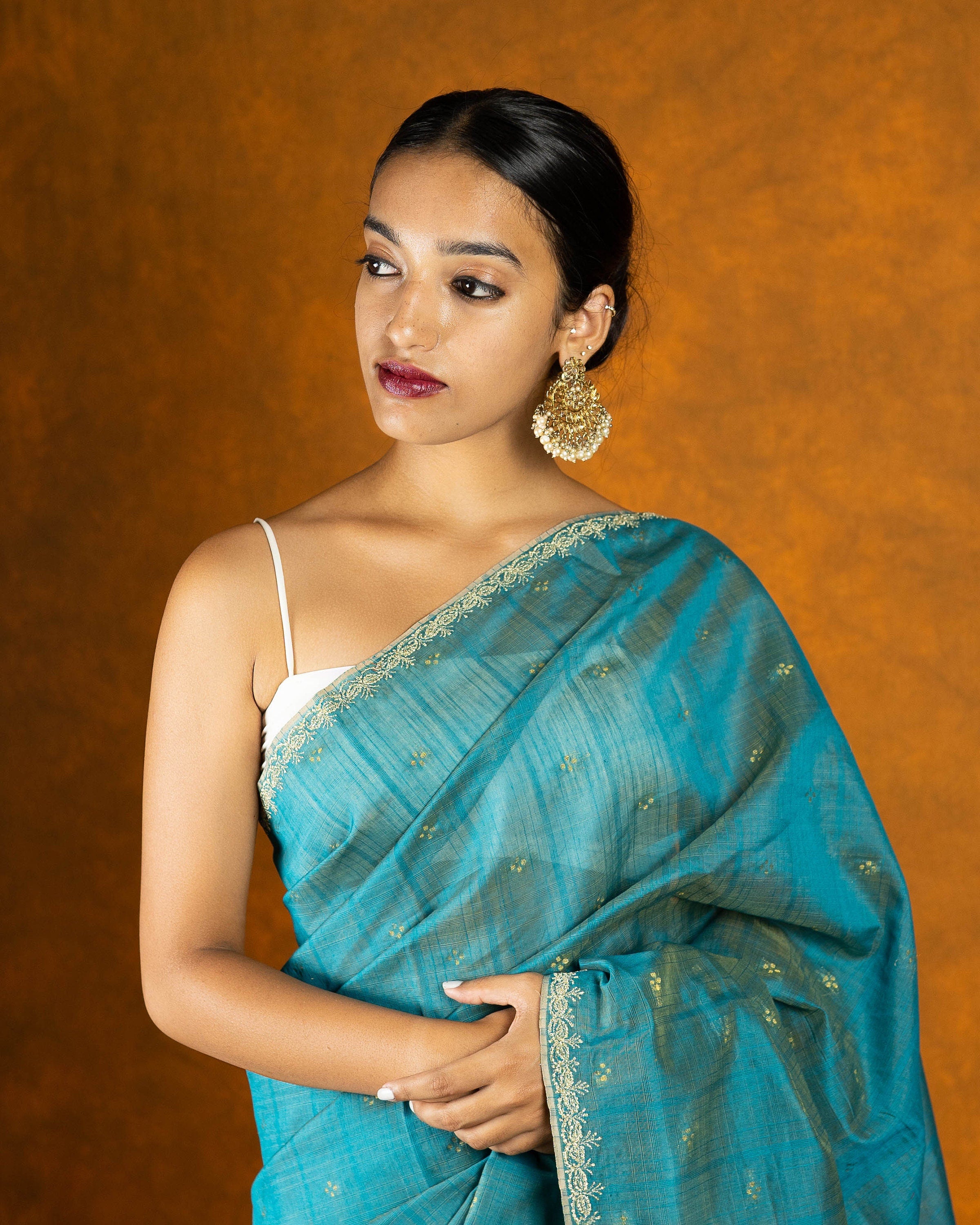 Tiffany blue handloom jute embroidery saree with tassels