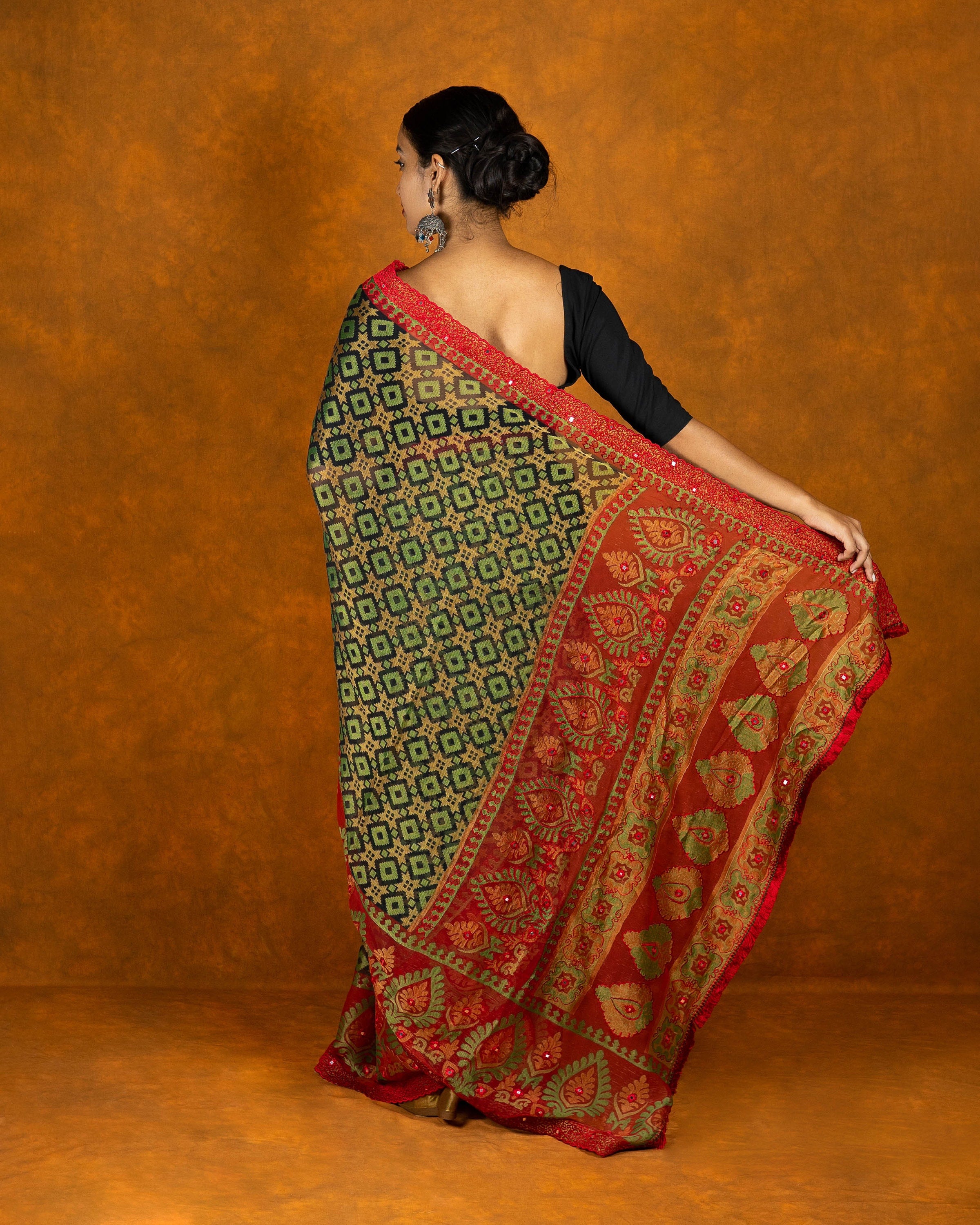 Multicolor brasso embroidery saree with tassels and mirror work