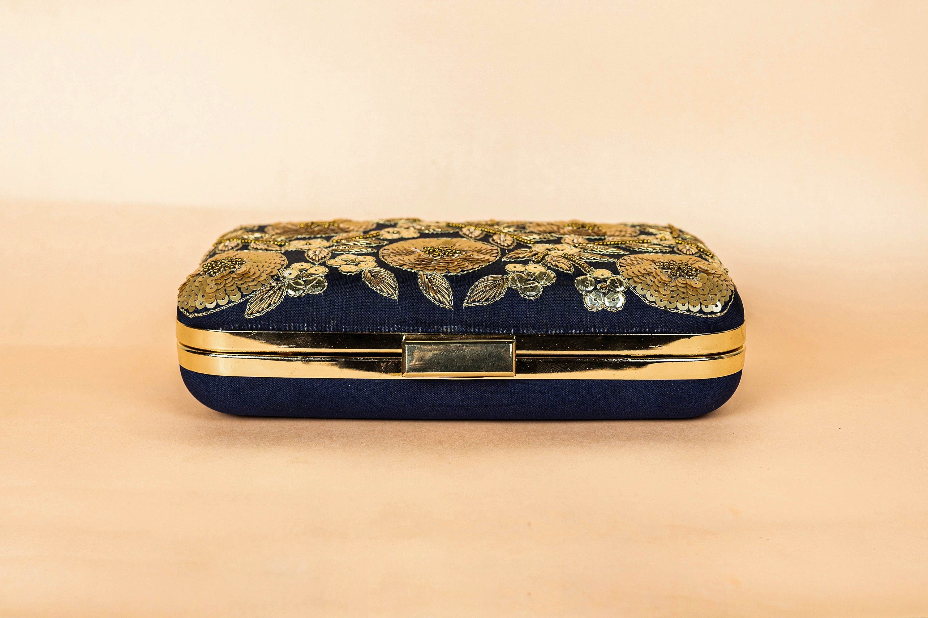 Navy blue hand made bead embroidery clutch bag detachable sling