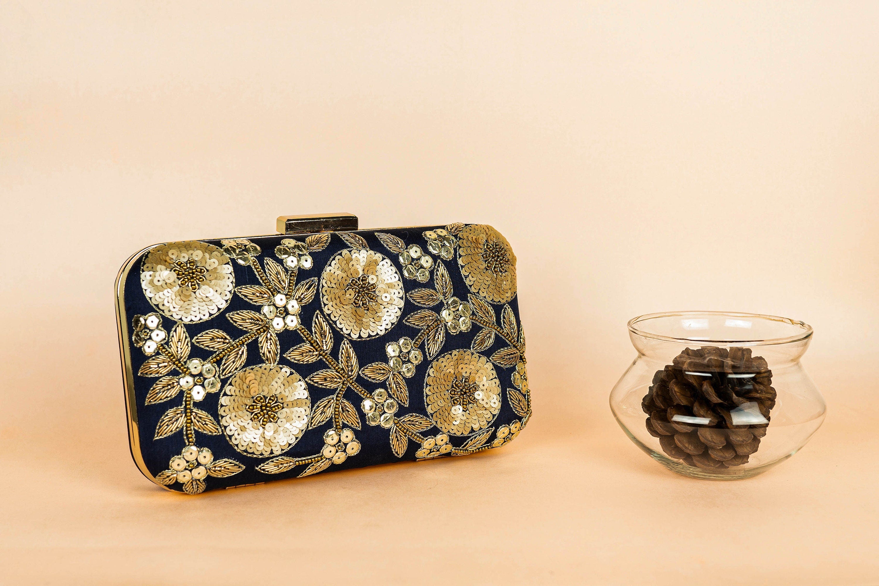Navy blue hand made bead embroidery clutch bag detachable sling