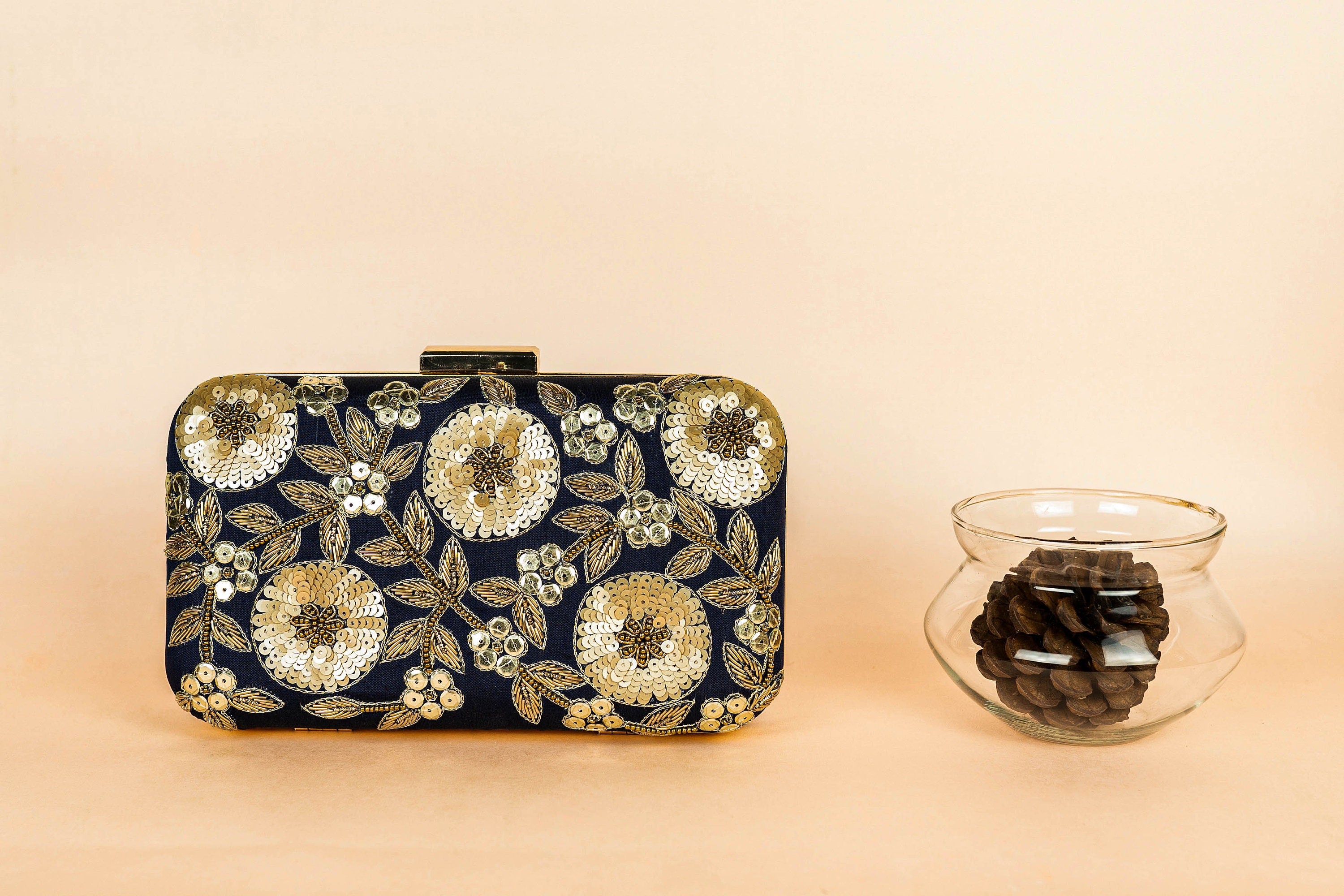 Navy blue hand made bead embroidery clutch bag detachable sling