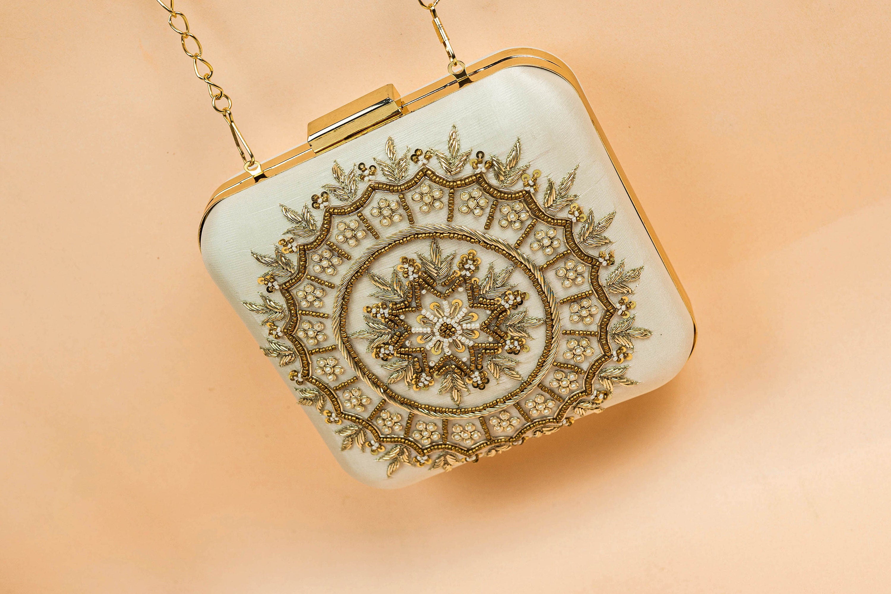Ivory and gold square hand made bead embroidery clutch bag detachable sling