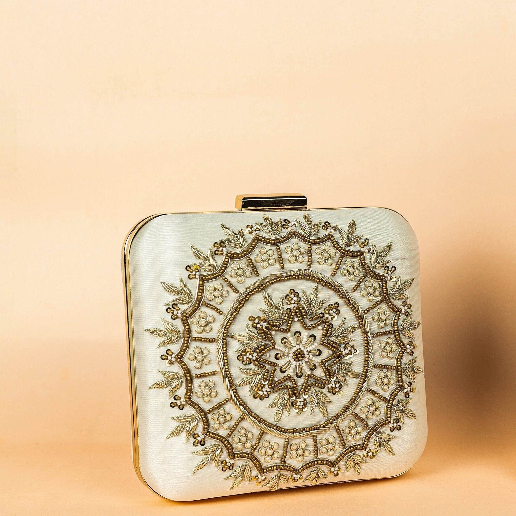 Ivory and gold square hand made bead embroidery clutch bag detachable sling