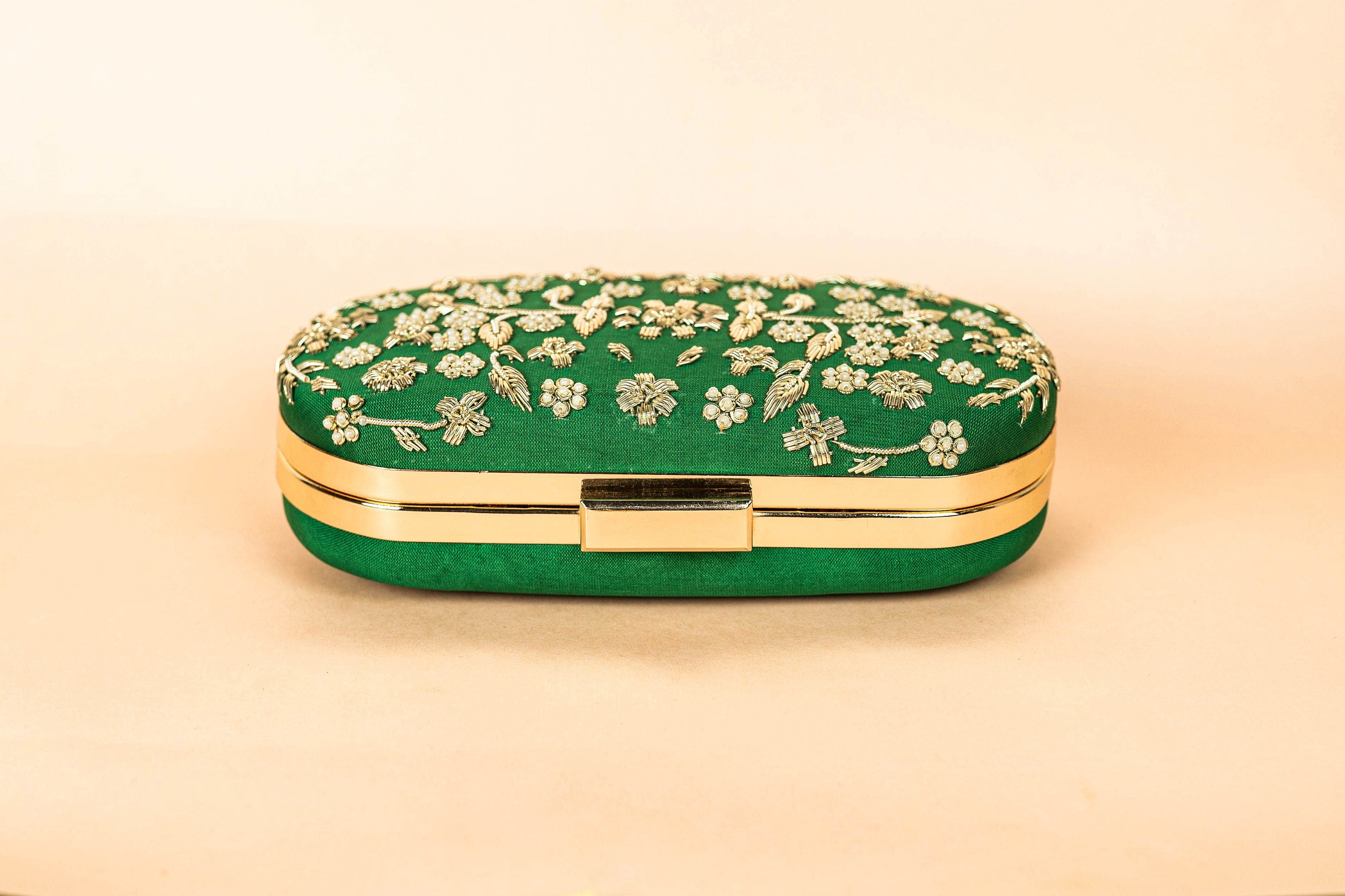 Green and gold hand made bead embroidery clutch bag with detachable sling