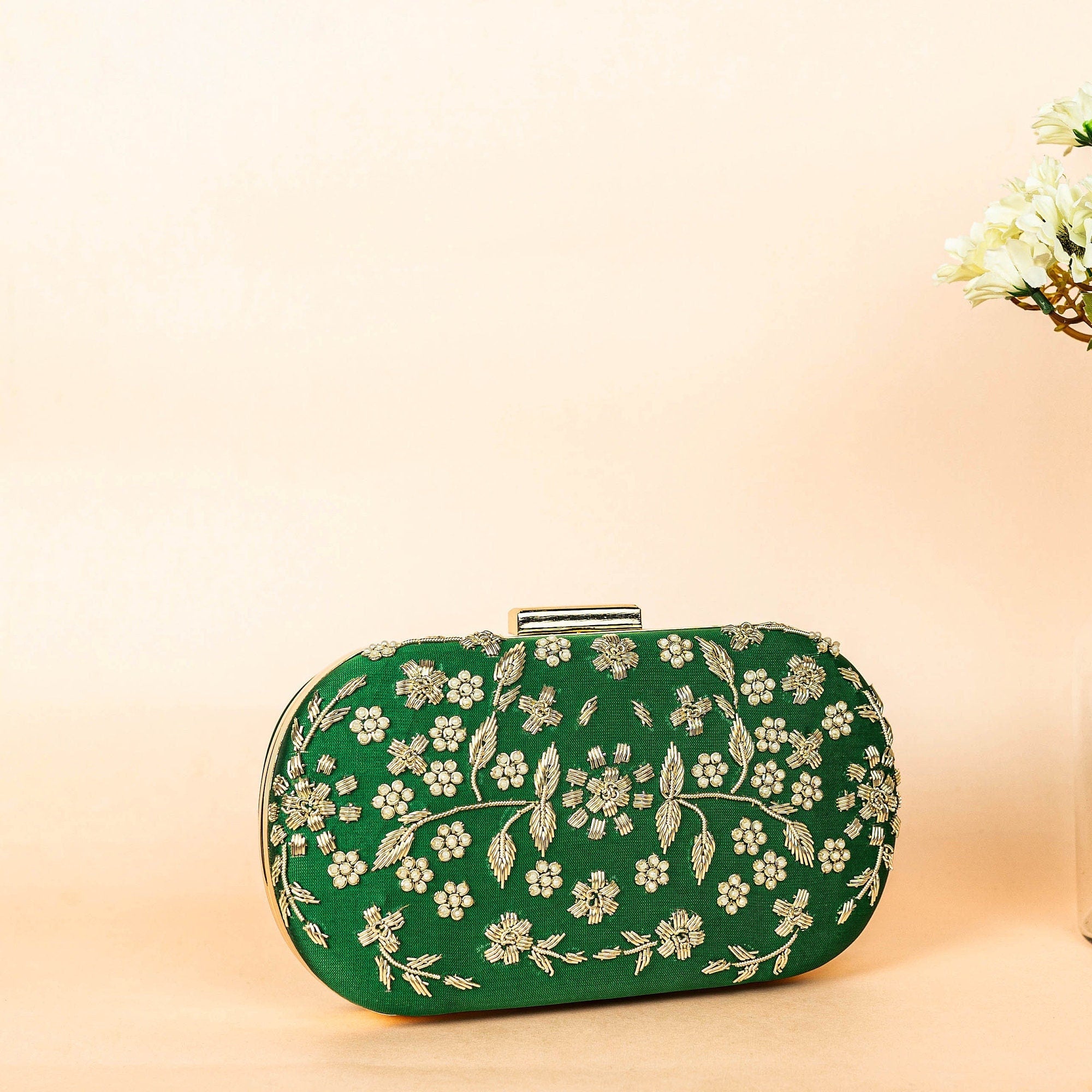 Green and gold hand made bead embroidery clutch bag with detachable sling