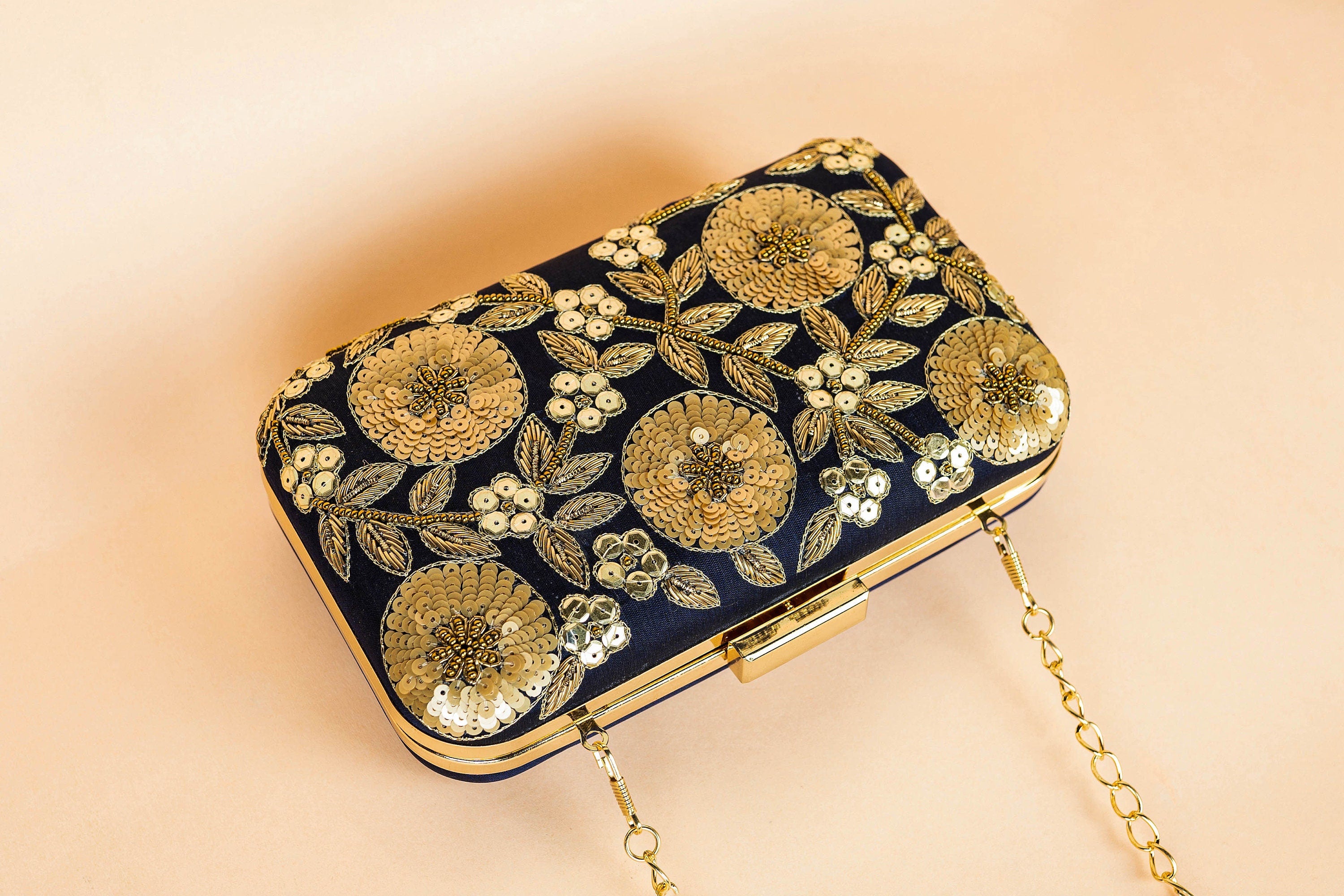 Navy blue hand made bead embroidery clutch bag detachable sling
