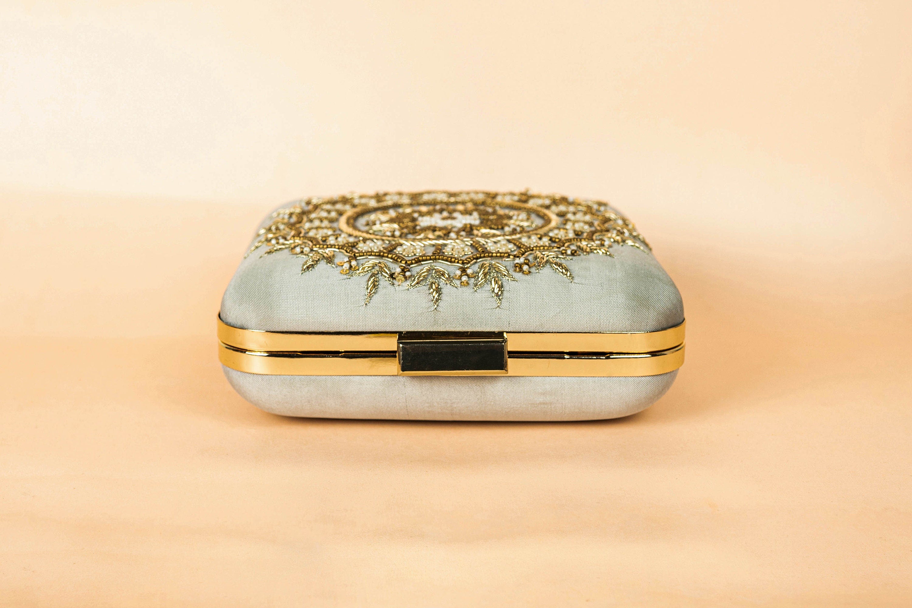 Light grey and bronze square hand made bead embroidery clutch bag detachable sling