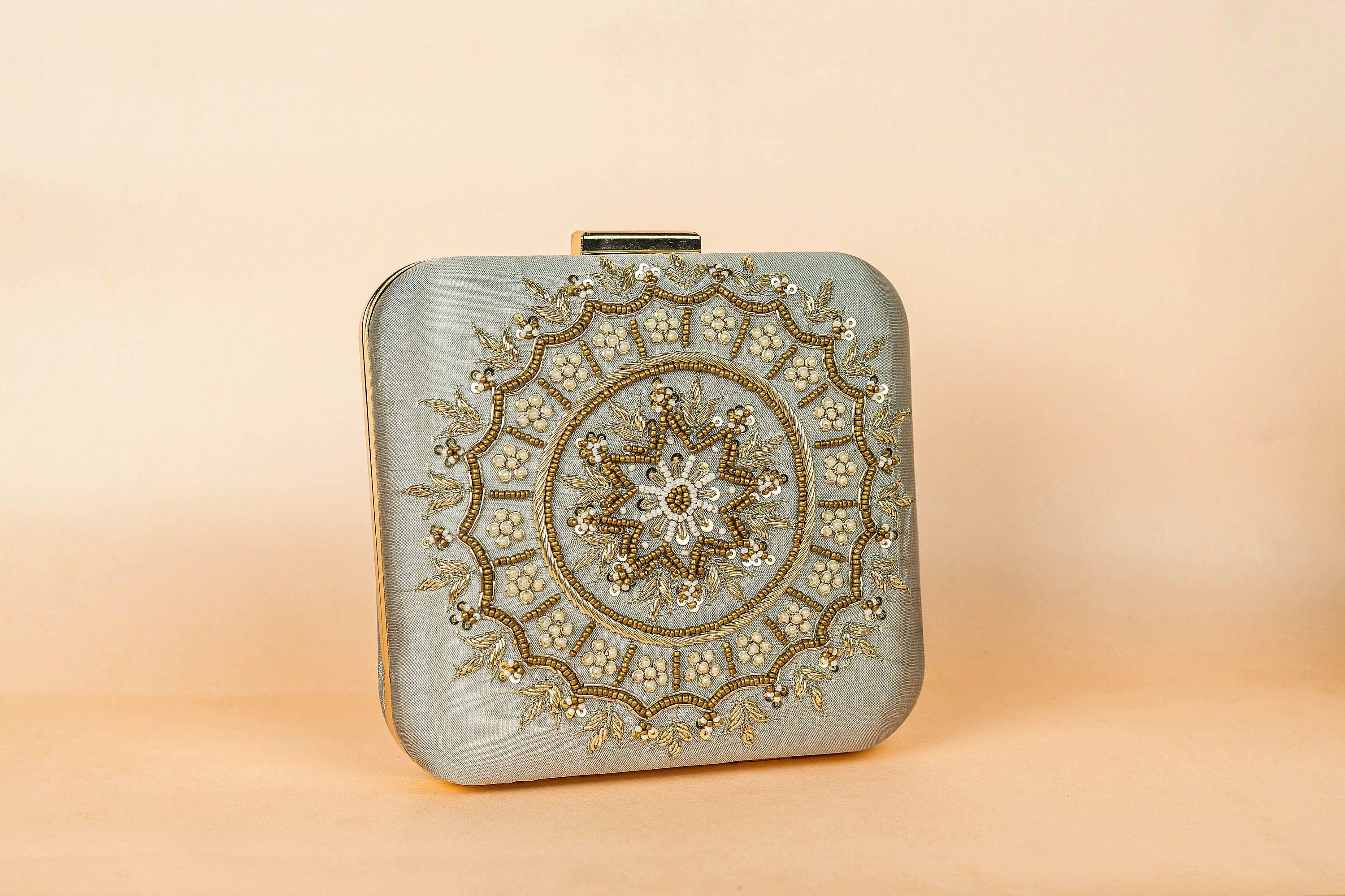 Light grey and bronze square hand made bead embroidery clutch bag detachable sling