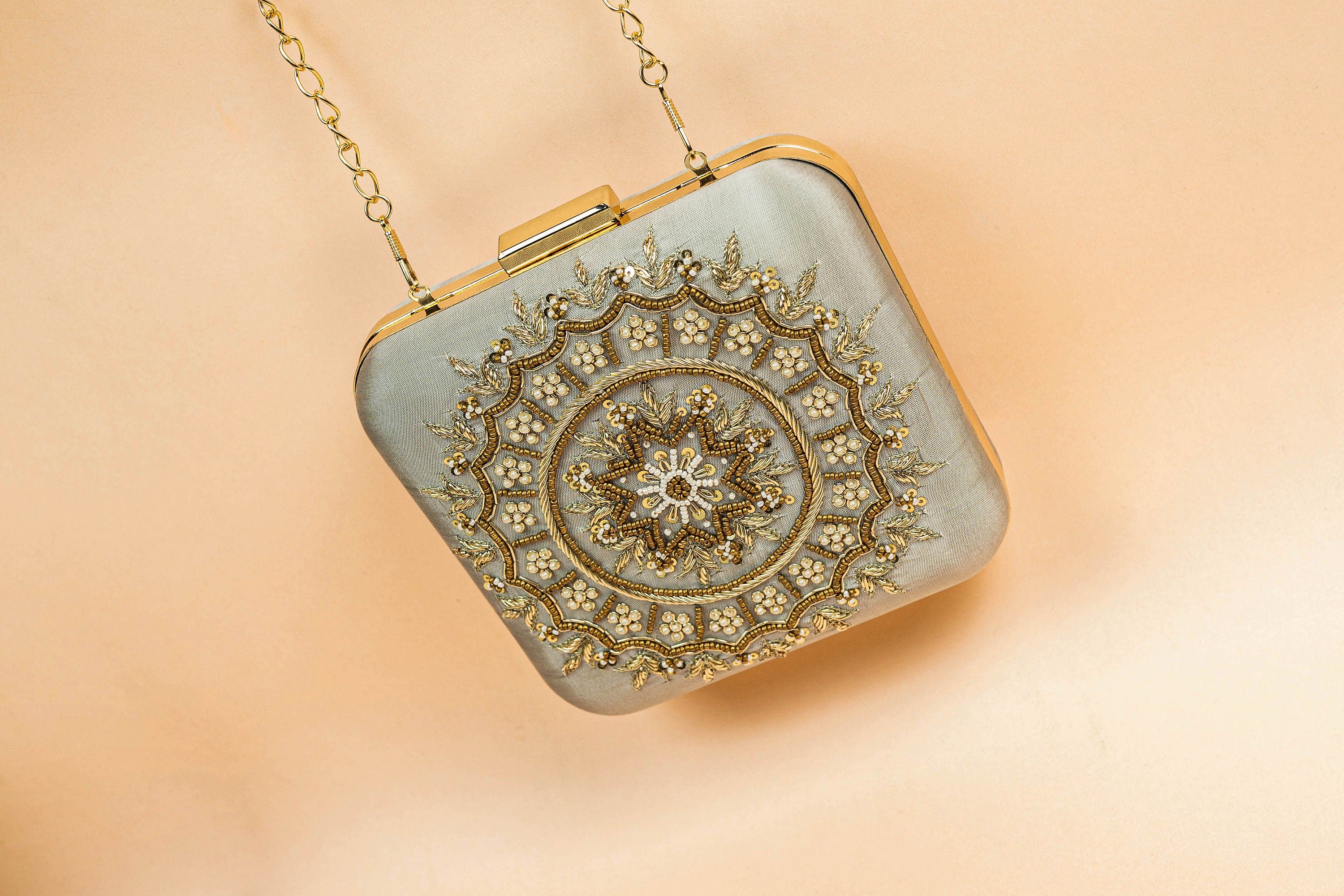 Light grey and bronze square hand made bead embroidery clutch bag detachable sling