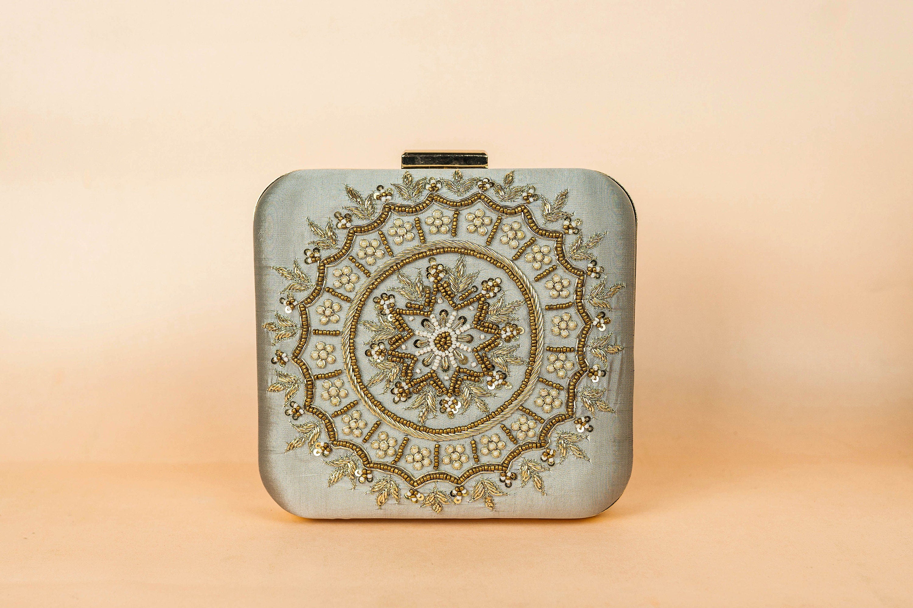 Light grey and bronze square hand made bead embroidery clutch bag detachable sling