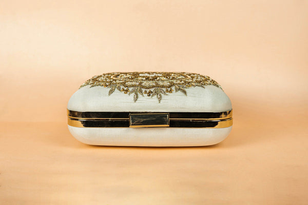 Ivory and gold square hand made bead embroidery clutch bag detachable sling image 3