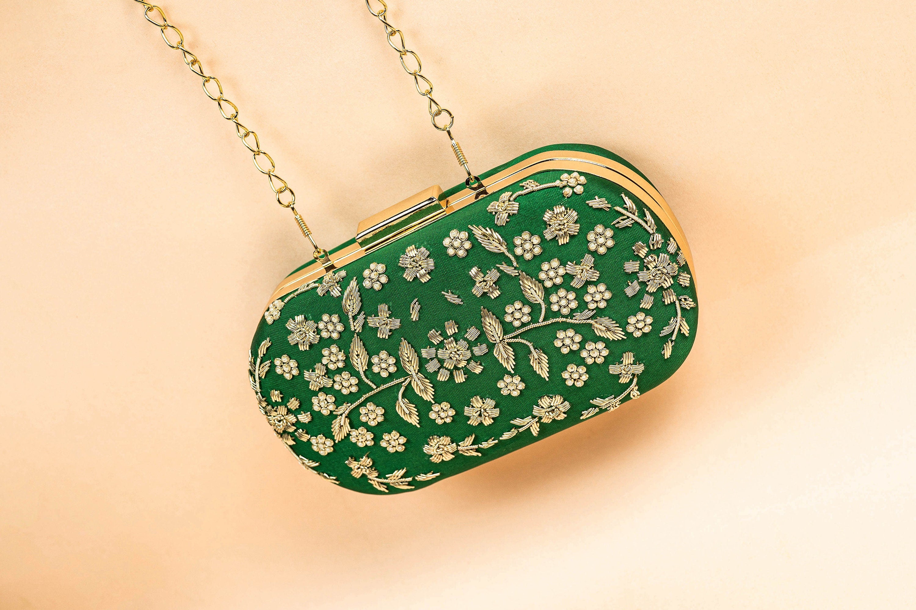 Green and gold hand made bead embroidery clutch bag with detachable sling