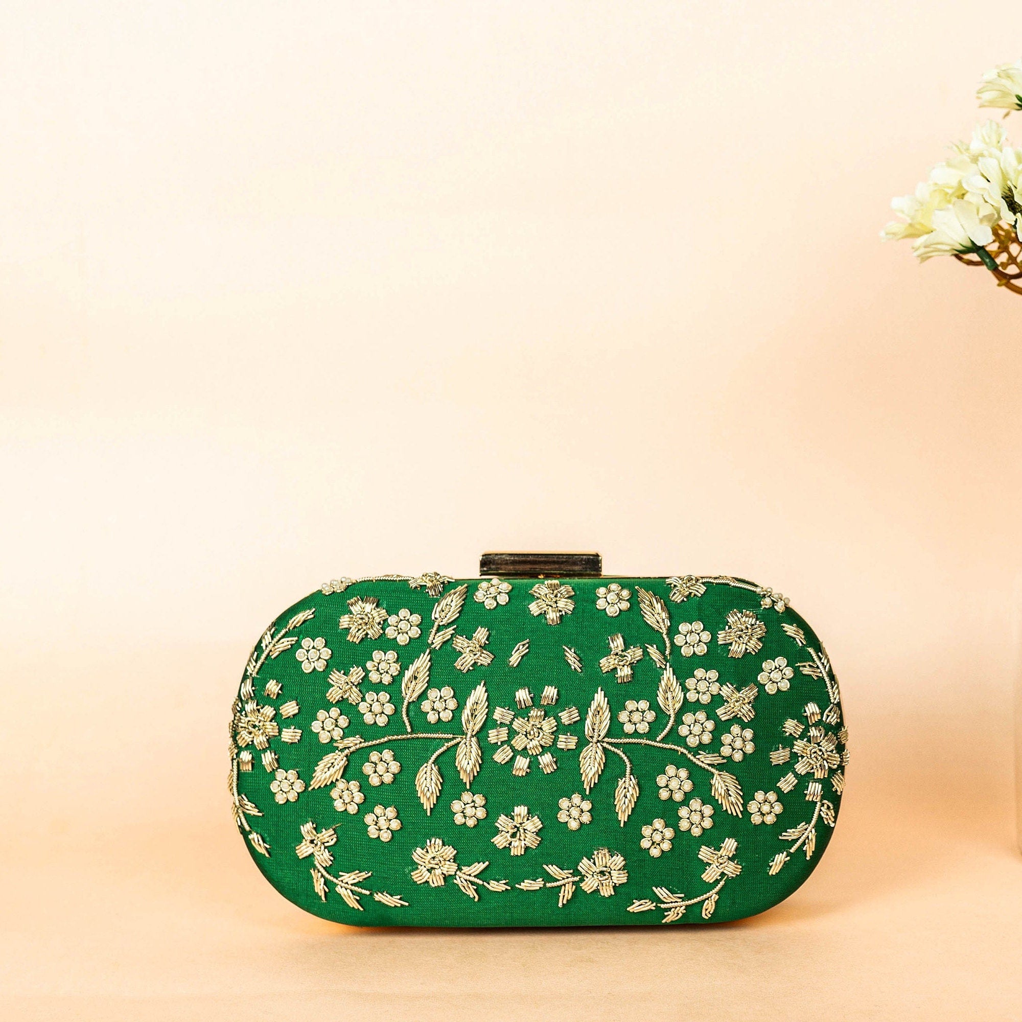 Green and gold hand made bead embroidery clutch bag with detachable sling