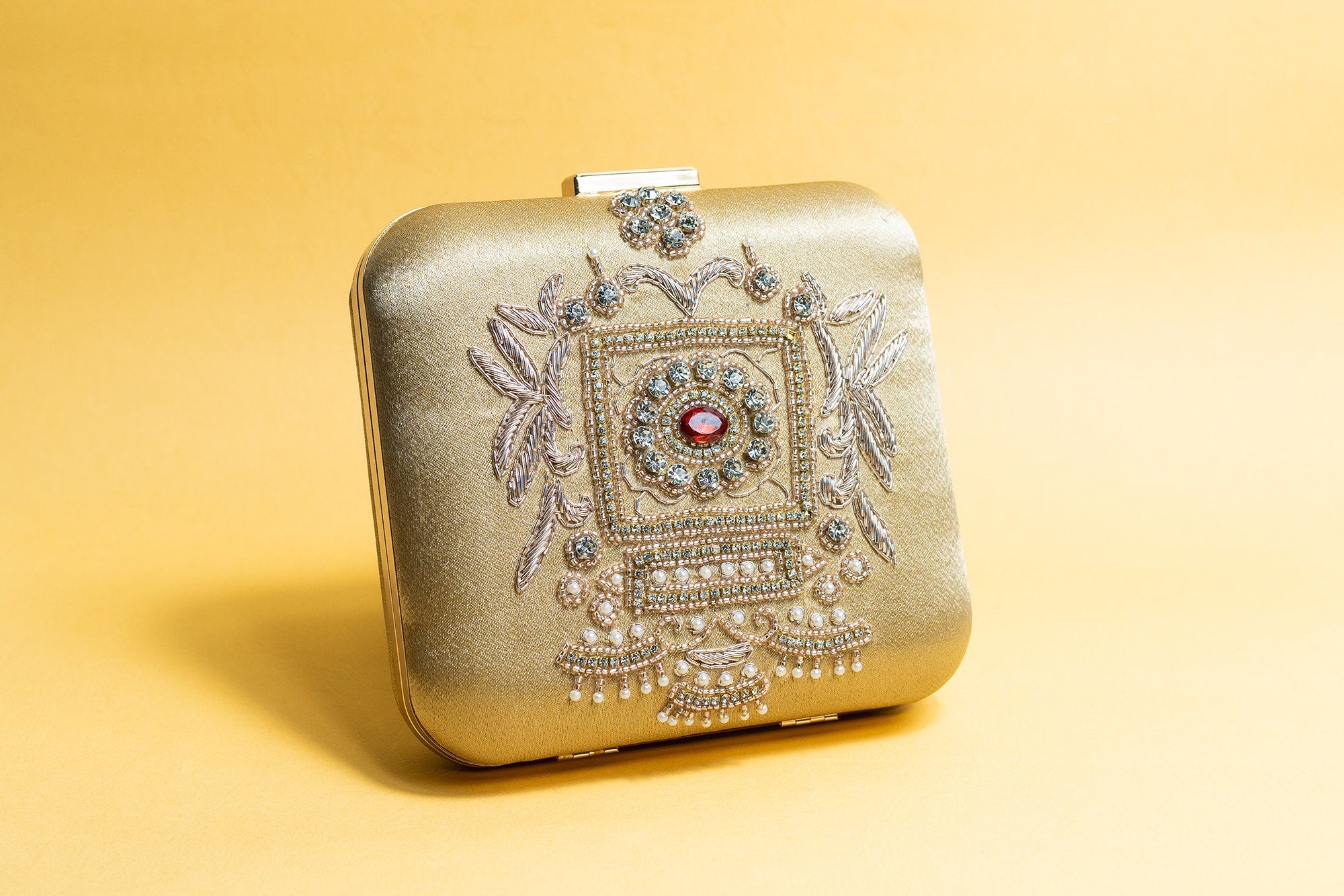 Gold square hand made bead embroidery silk clutch bag detachable sling
