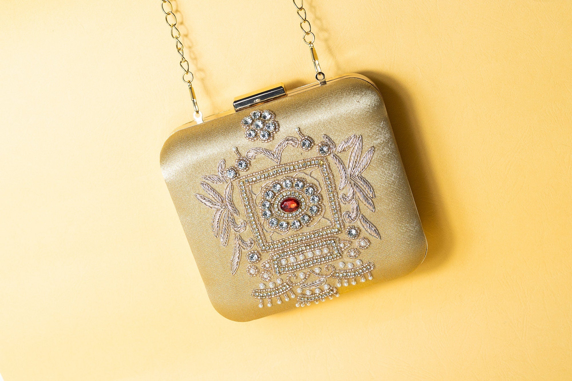Gold square hand made bead embroidery silk clutch bag detachable sling