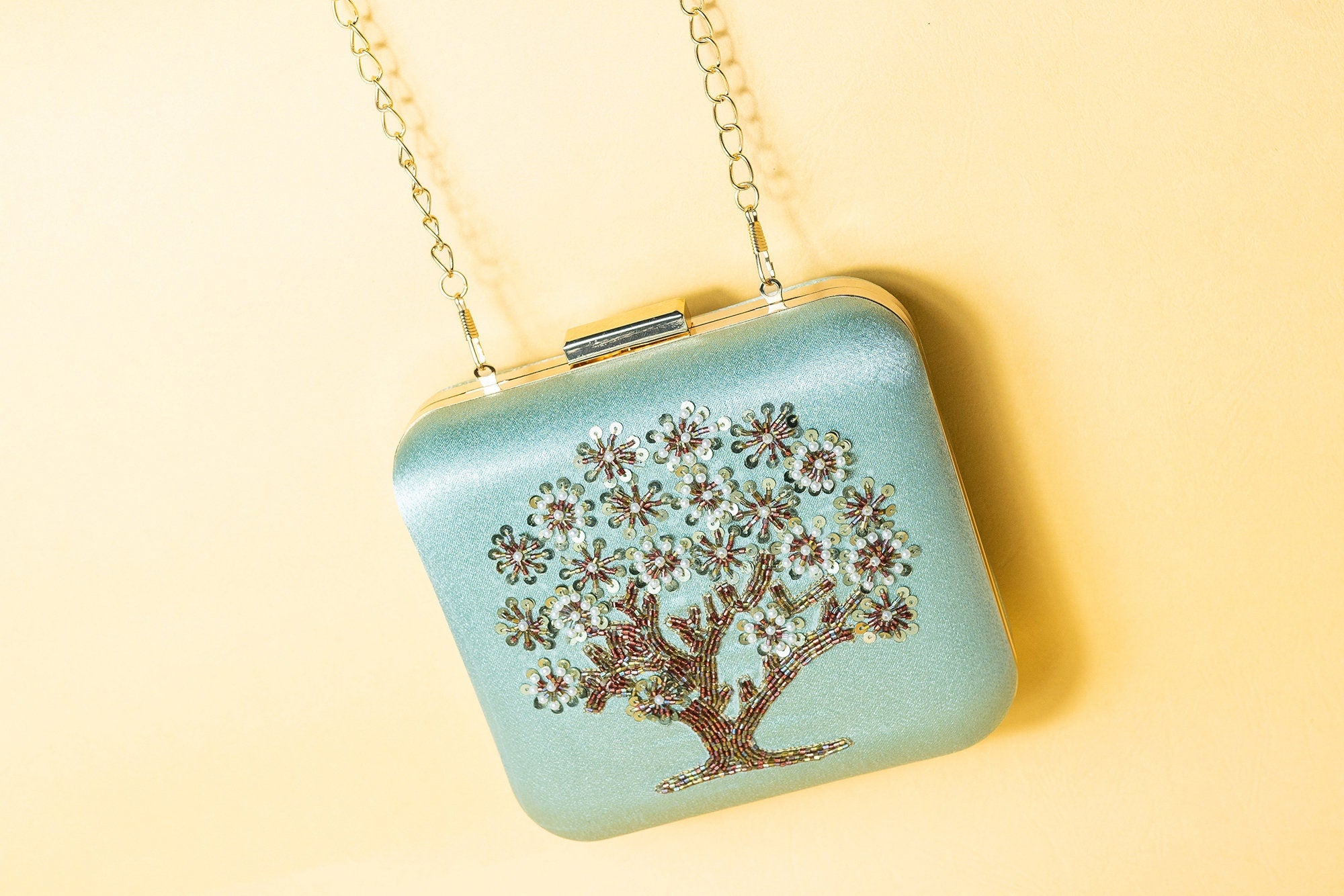 Green and bronze square hand made bead embroidery clutch bag detachable sling