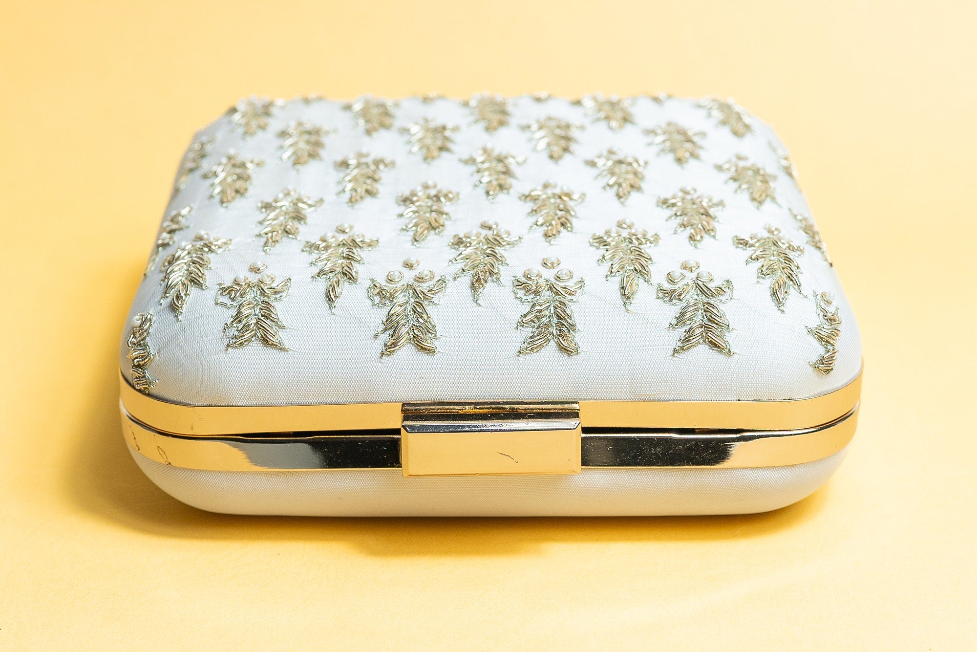 ivory and gold square hand made bead embroidery and pure silk clutch bag detachable sling
