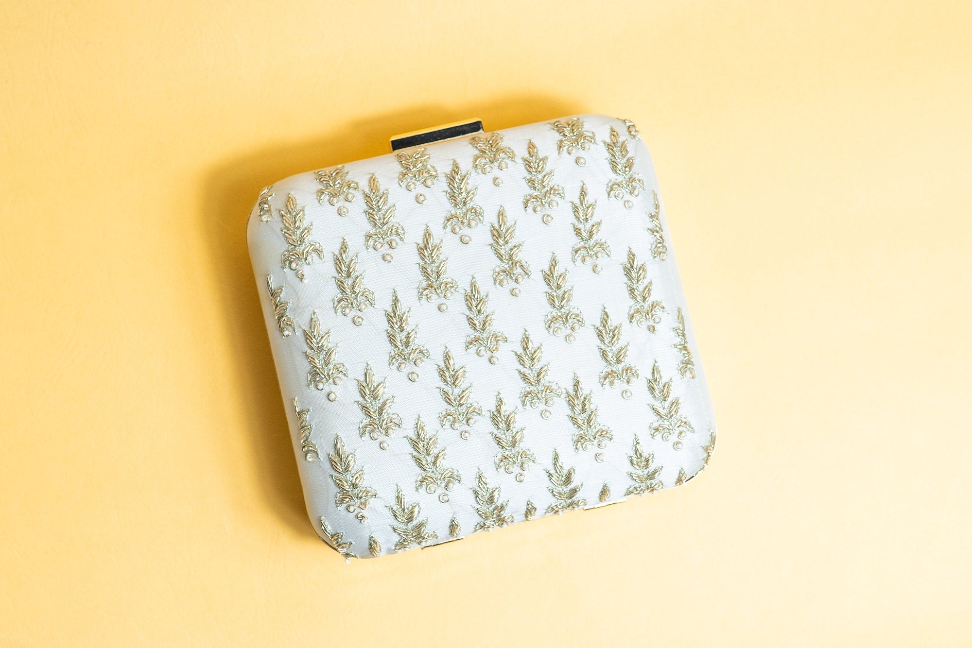 ivory and gold square hand made bead embroidery and pure silk clutch bag detachable sling