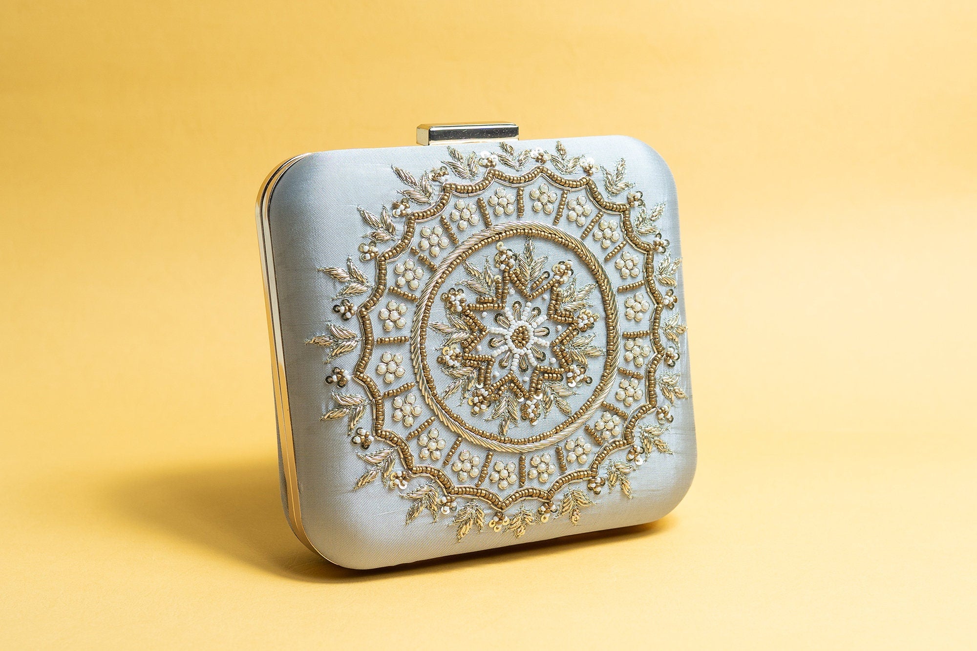 Light grey and bronze square hand made bead embroidery silk clutch bag detachable sling