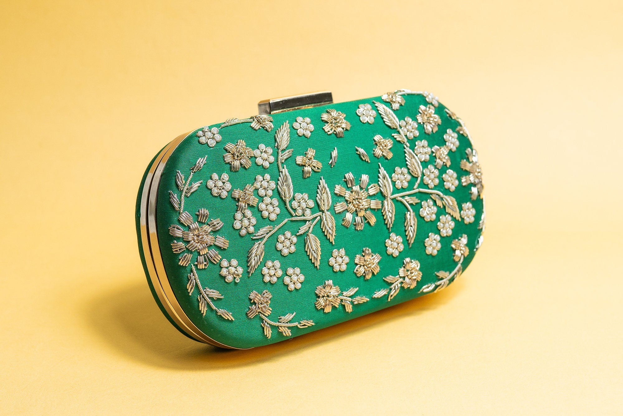 Green and gold hand made bead embroidery clutch bag detachable sling