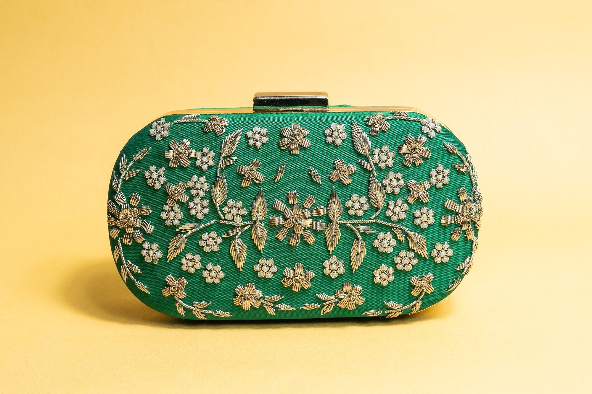 Green and gold hand made bead embroidery clutch bag detachable sling