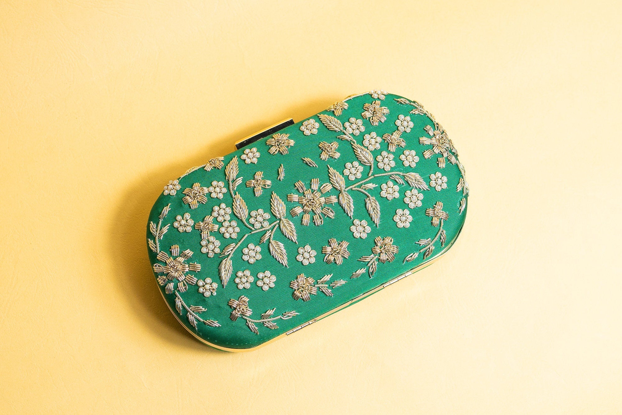 Green and gold hand made bead embroidery clutch bag detachable sling