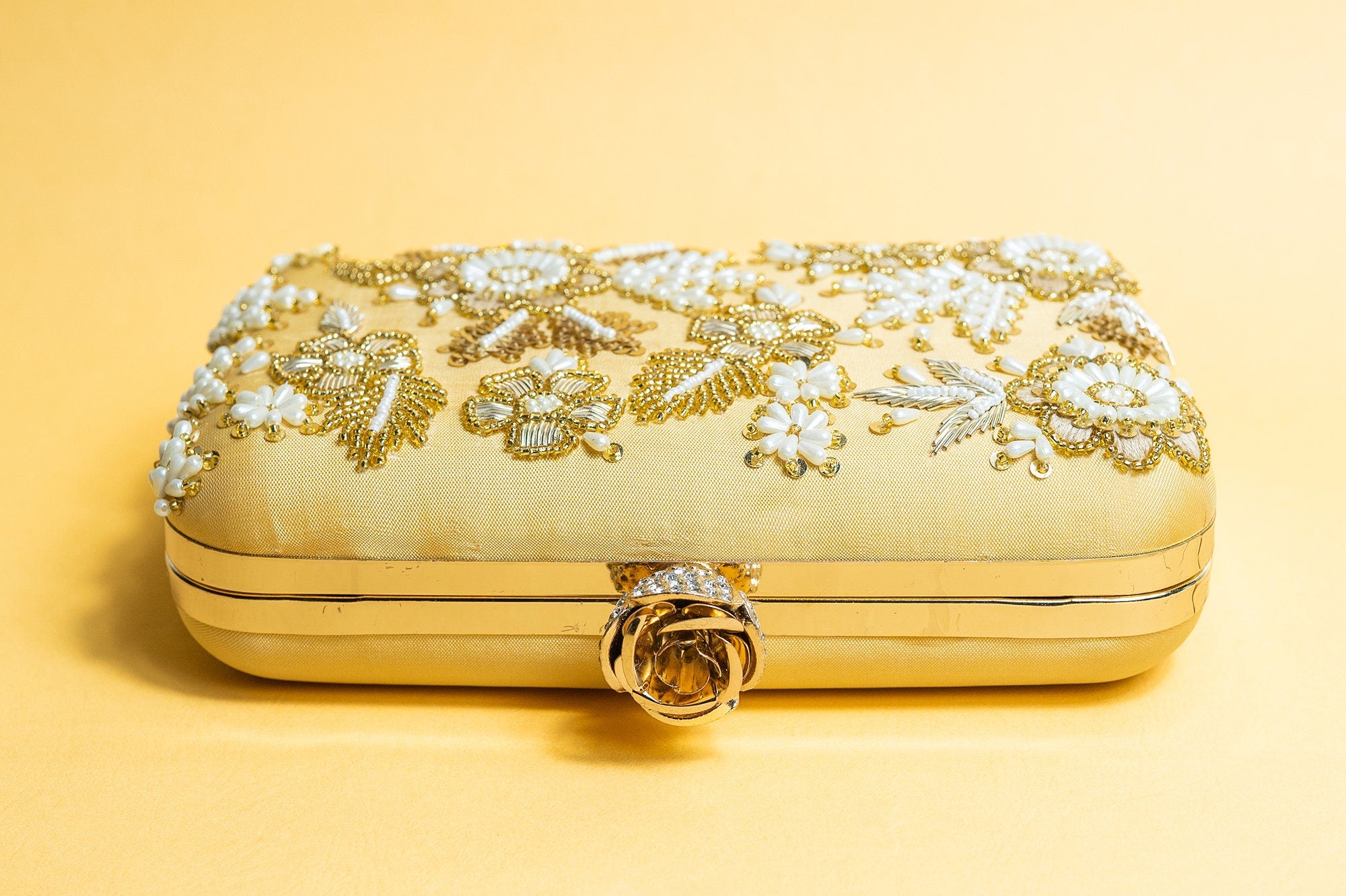 Yellow pearl beads and metal handwork embroidery silk clutch bag detachable sling